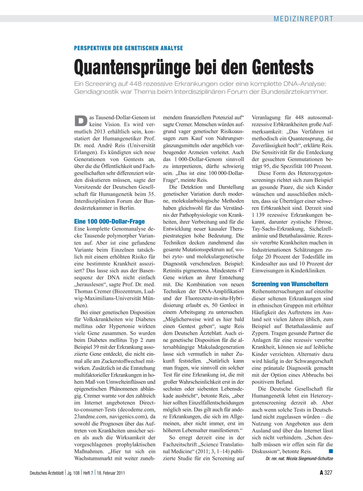 Vorschauseite 1: Perspektiven der Genetischen Analyse: Quantensprünge bei den Gentests – Deutsches Ärzteblatt