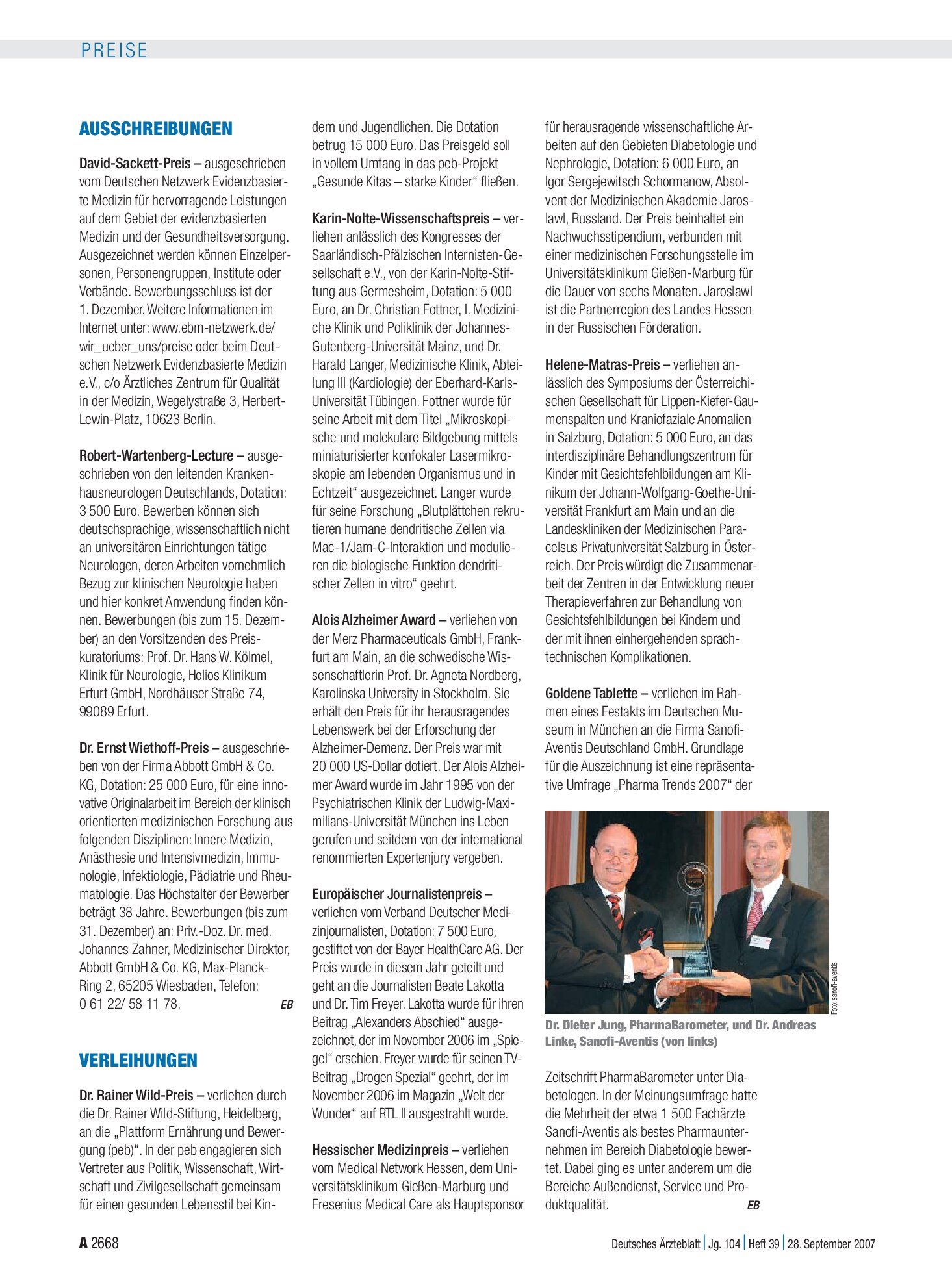 Vorschauseite 1: Verleihungen – Deutsches Ärzteblatt
