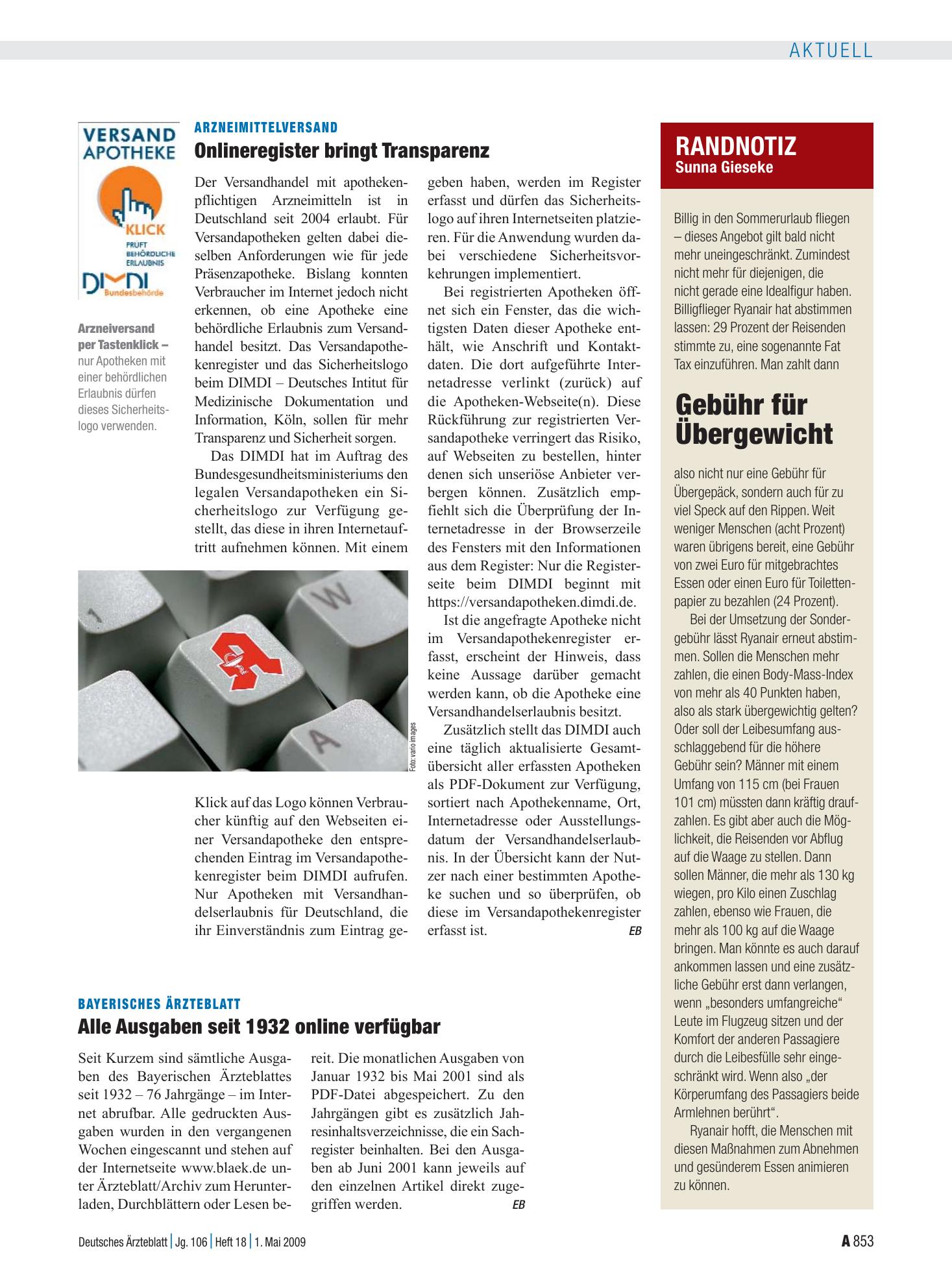 Vorschauseite 1: Arzneimittelversand: Onlineregister bringt Transparenz – Deutsches Ärzteblatt