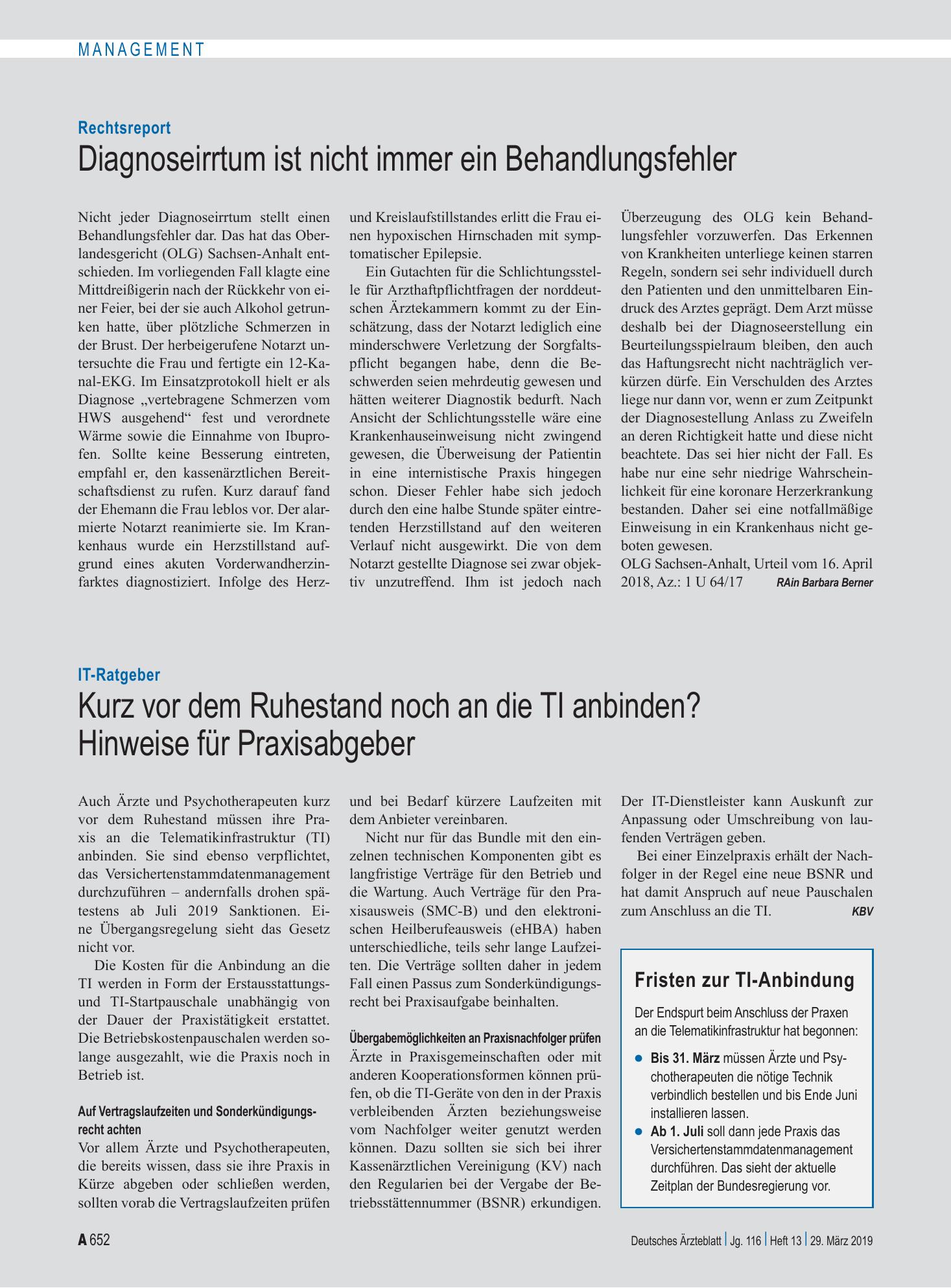 Vorschauseite 1: Rechtsreport: Diagnoseirrtum ist nicht immer ein Behandlungsfehler – Deutsches Ärzteblatt
