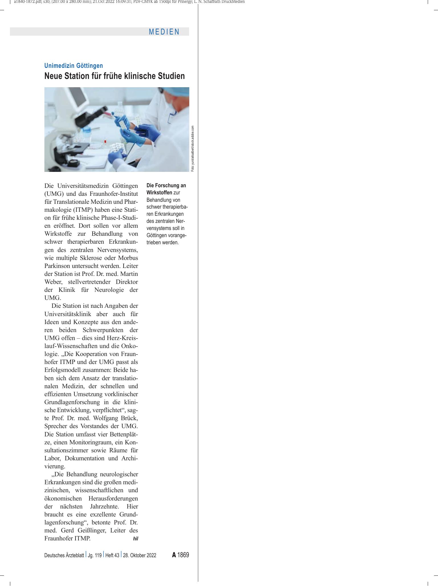Vorschauseite 1: Unimedizin Göttingen: Neue Station für frühe klinische Studien – Deutsches Ärzteblatt