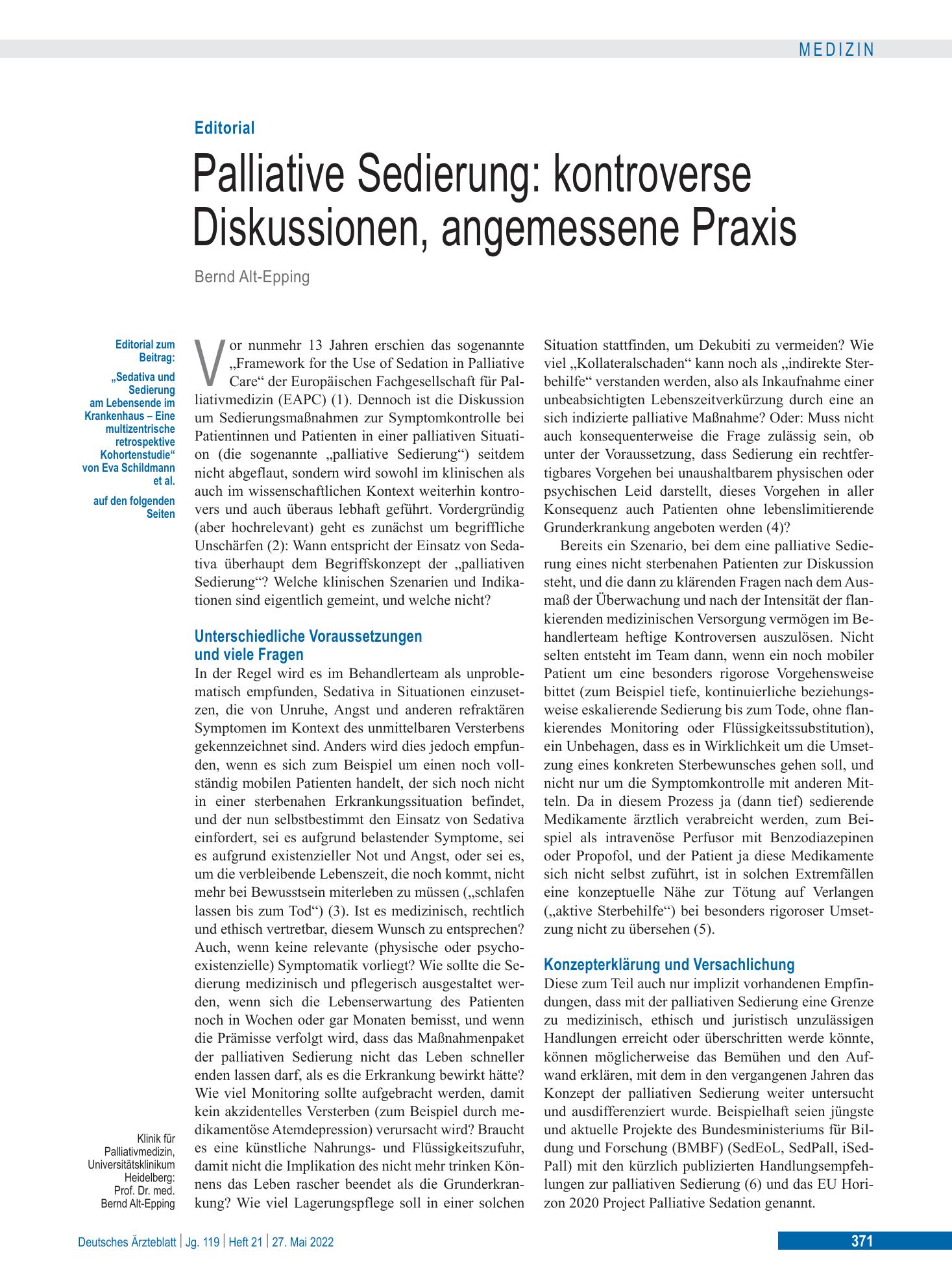 Vorschauseite 1: Palliative Sedierung: kontroverse Diskussionen, angemessene Praxis – Deutsches Ärzteblatt