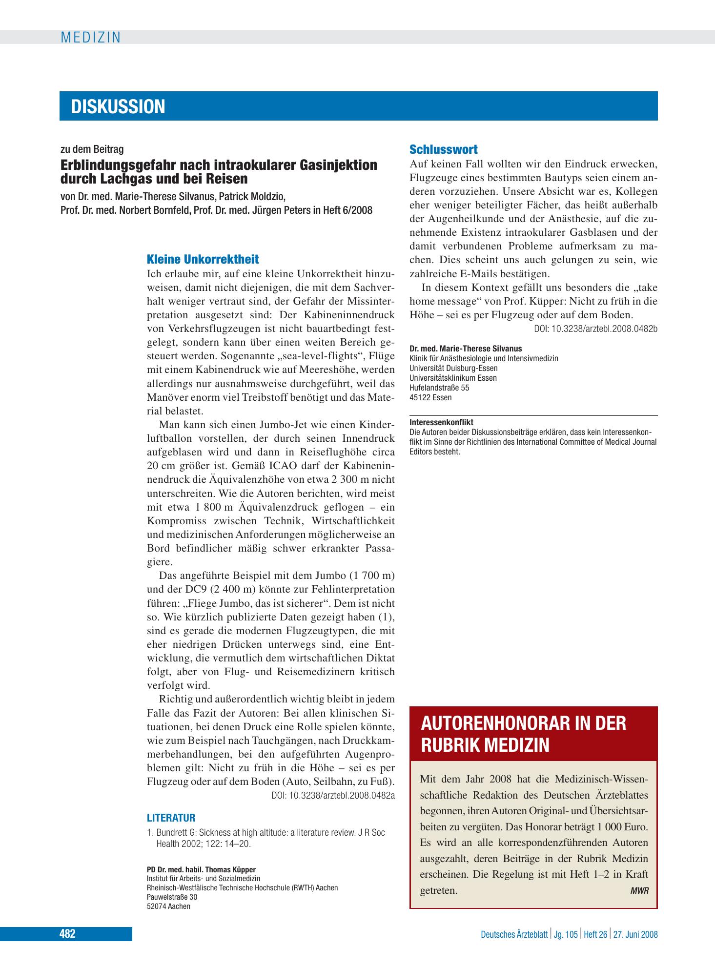 Vorschauseite 1: Erblindungsgefahr nach intraokularer Gasinjektion durch Lachgas und bei Reisen: Kleine Unkorrektheit – Deutsches Ärzteblatt