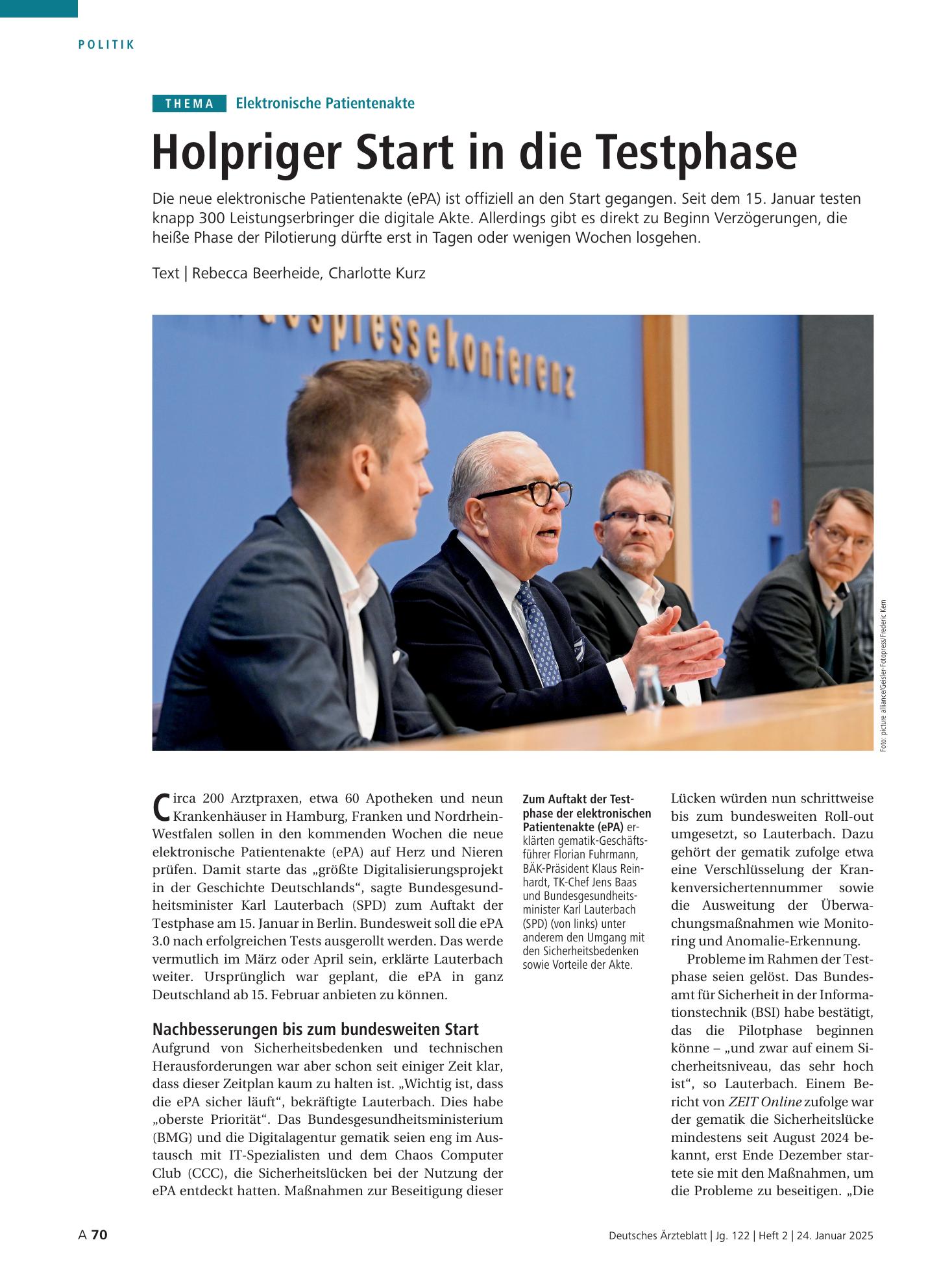 Vorschauseite 1: Elektronische Patientenakte: Holpriger Start in die Testphase – Deutsches Ärzteblatt