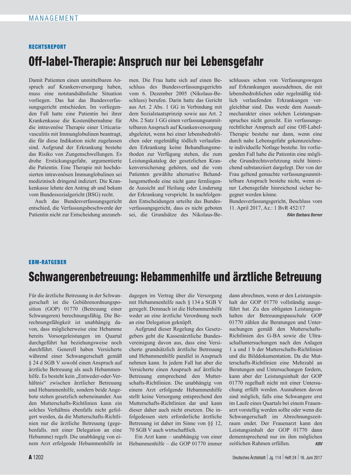 Vorschauseite 1: Rechtsreport: Off-label-Therapie: Anspruch nur bei Lebensgefahr – Deutsches Ärzteblatt