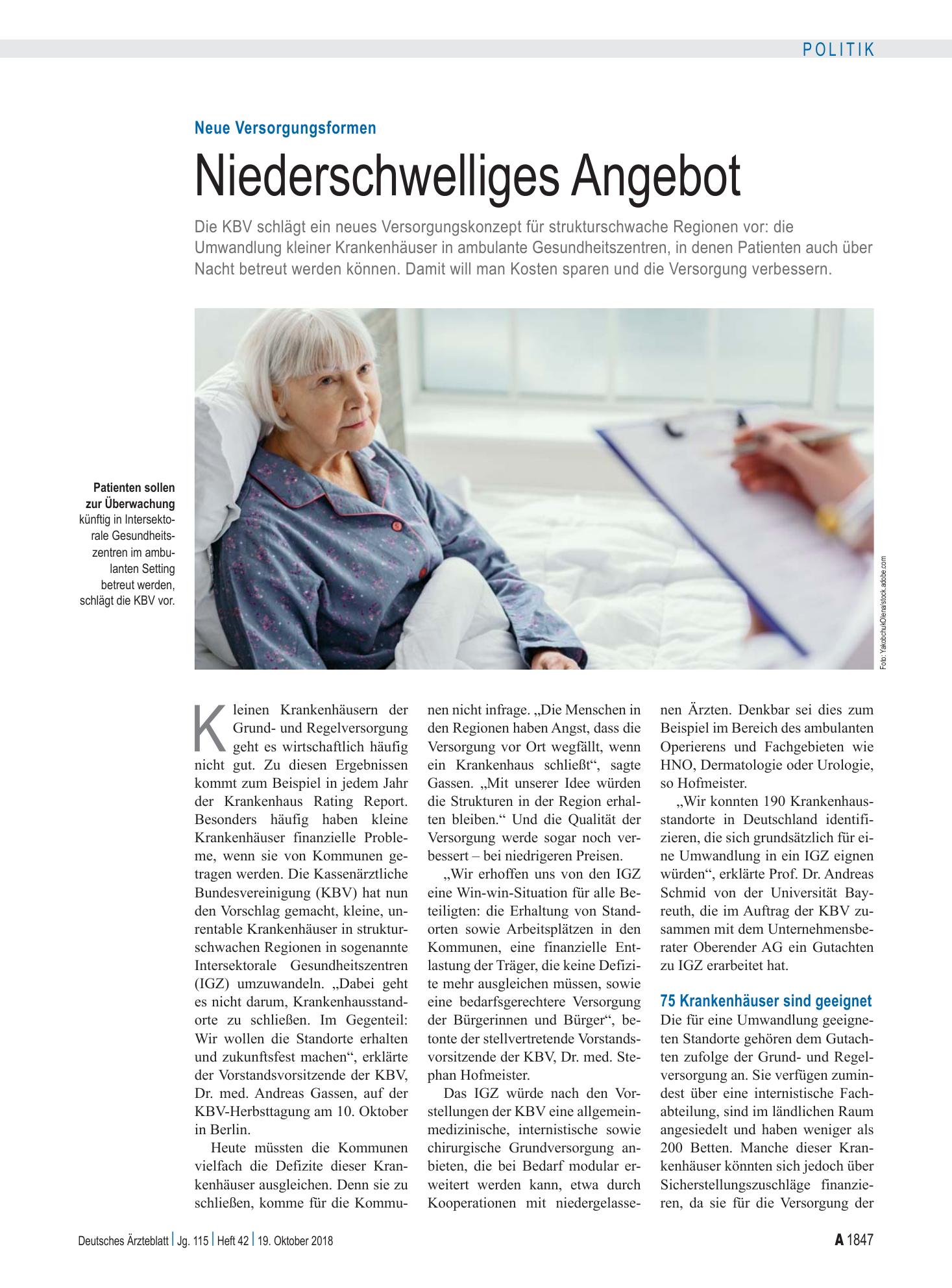Vorschauseite 1: Neue Versorgungsformen: Niederschwelliges Angebot – Deutsches Ärzteblatt