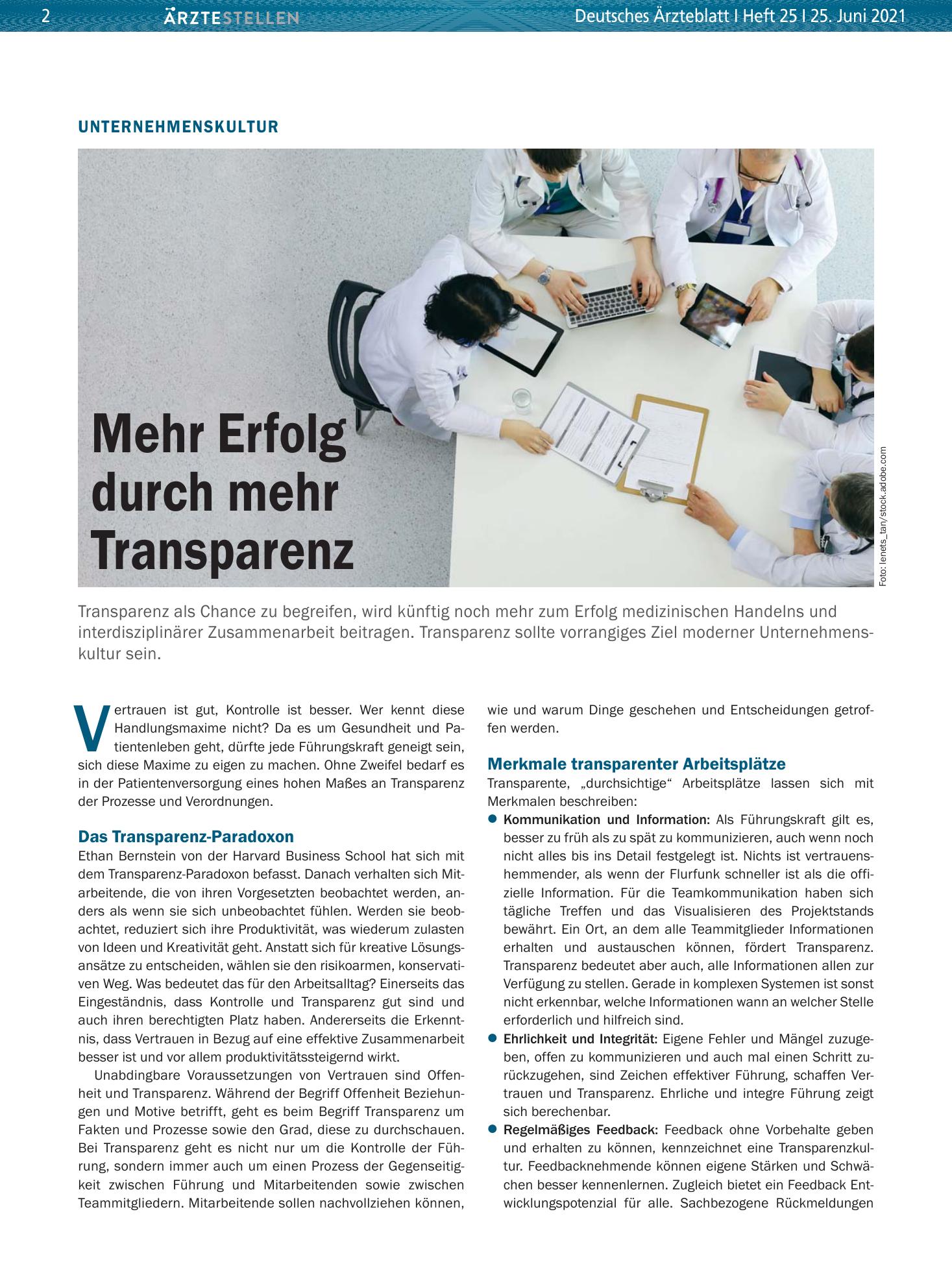 Vorschauseite 1: Unternehmenskultur: Mehr Erfolg durch mehr Transparenz – Deutsches Ärzteblatt