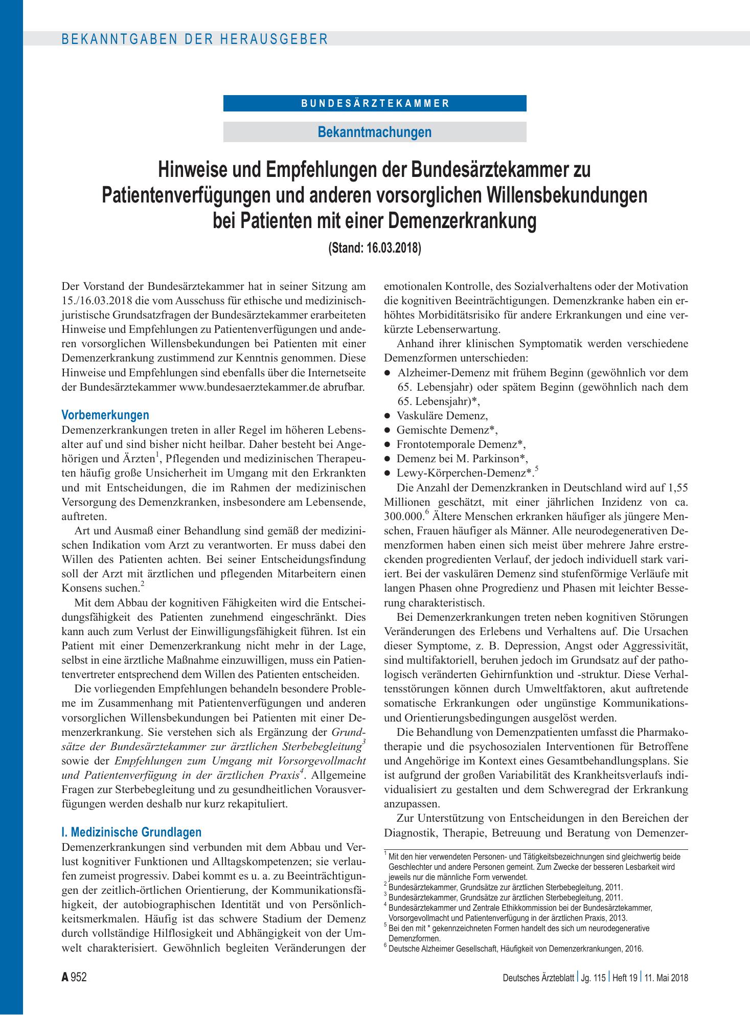 Vorschauseite 1: Hinweise und Empfehlungen der Bundesärztekammer zu Patientenverfügungen und anderen vorsorglichen Willensbekundungen bei Patienten mit einer Demenzerkrankung – Deutsches Ärzteblatt