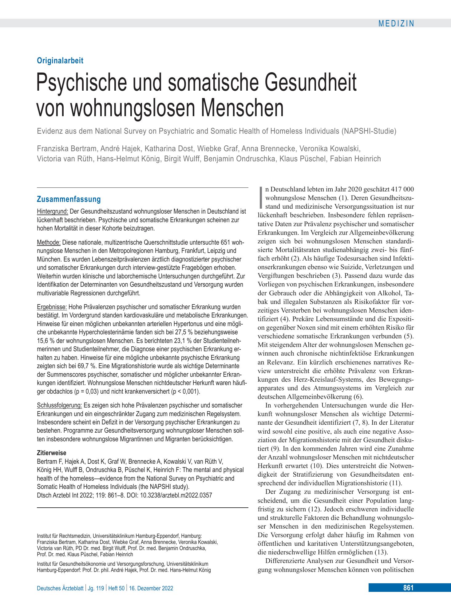 Vorschauseite 1: Psychische und somatische Gesundheit von wohnungslosen Menschen – Deutsches Ärzteblatt