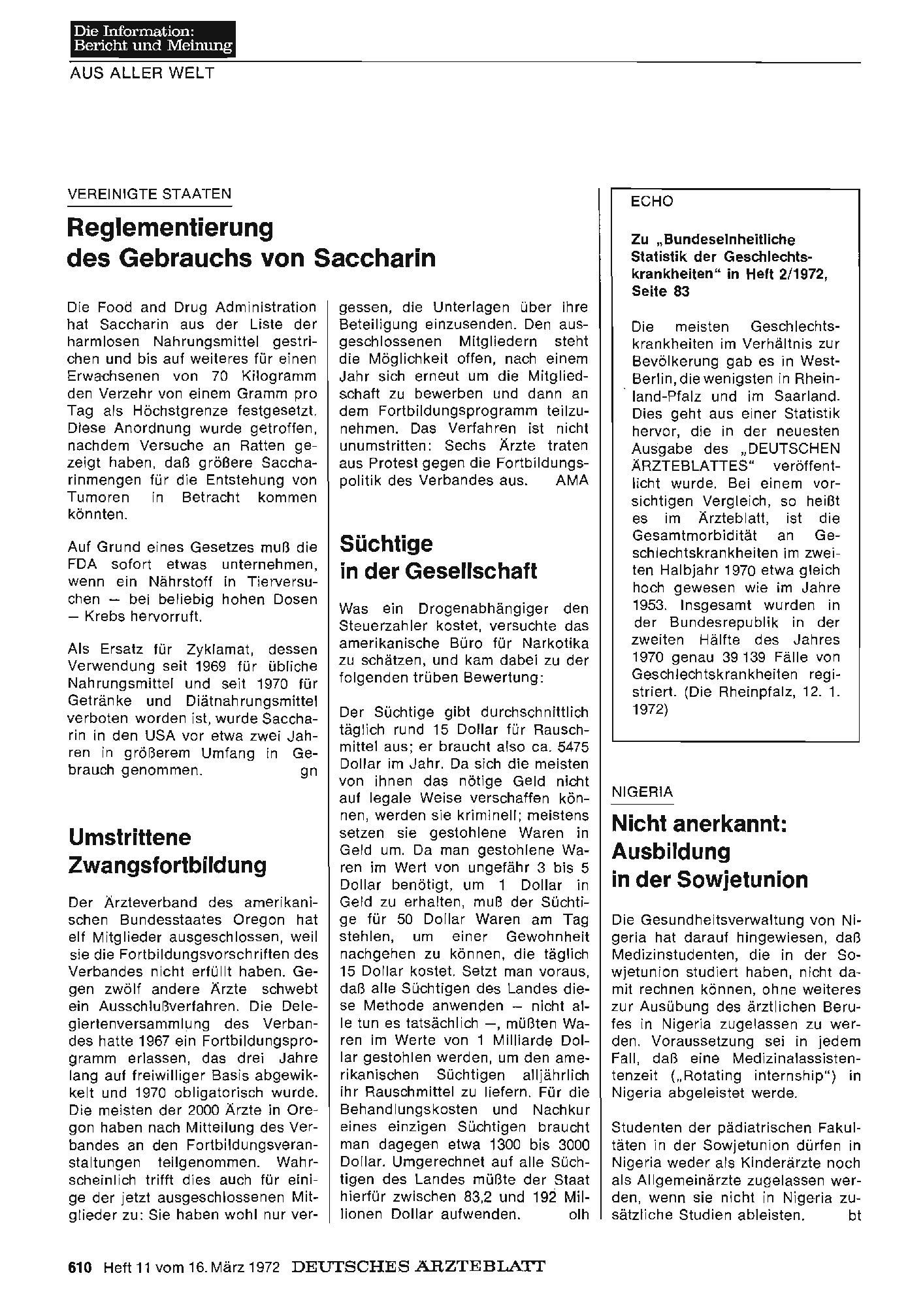 Vorschauseite 1: VEREINIGTE STAATEN: Reglementierung des Gebrauchs von Saccharin