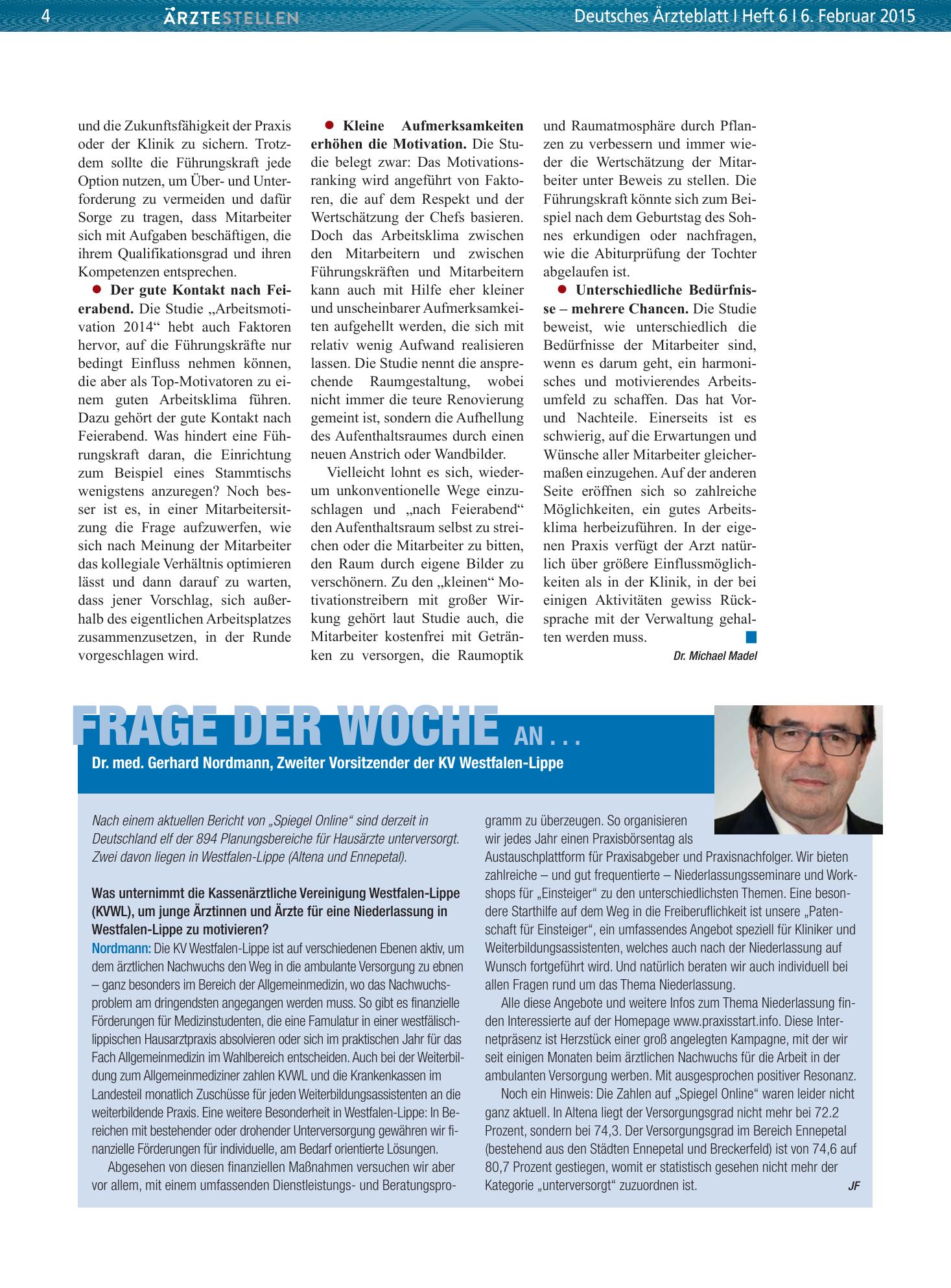 Vorschauseite 1: Frage der Woche an . . . Dr. med. Gerhard Nordmann, Zweiter Vorsitzender der KV Westfalen-Lippe – Deutsches Ärzteblatt