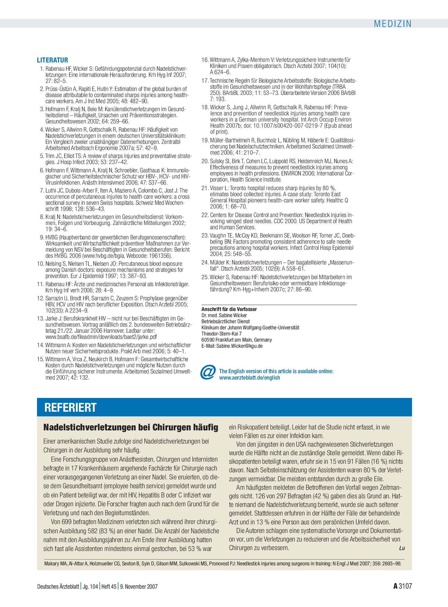 Vorschauseite 1: Nadelstichverletzungen bei Chirurgen häufig – Deutsches Ärzteblatt