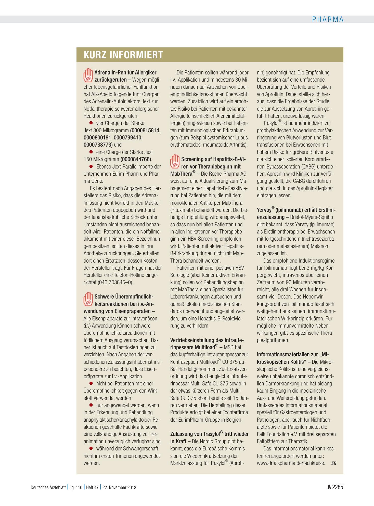 Vorschauseite 1: Kurz informiert – Deutsches Ärzteblatt