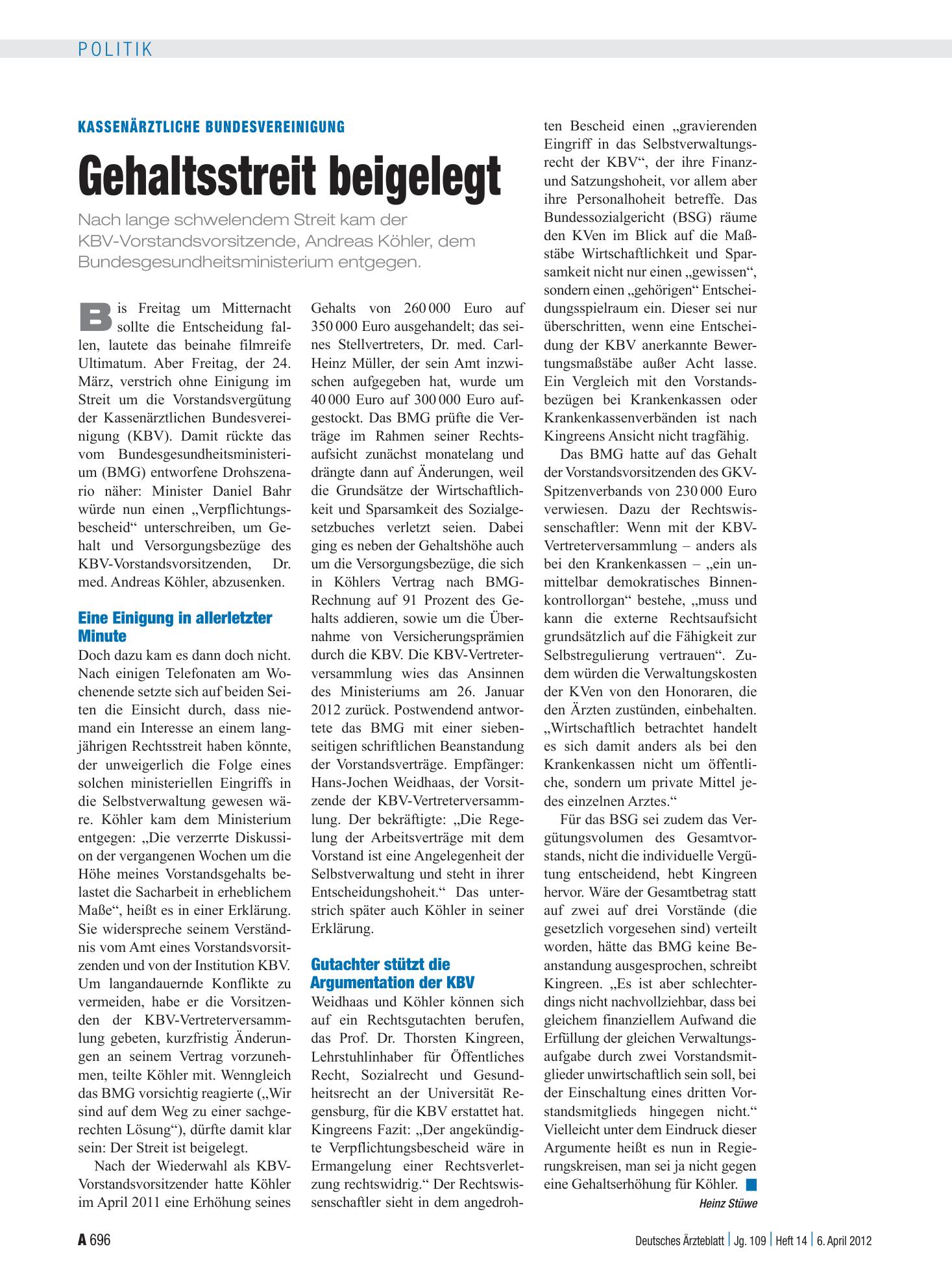 Vorschauseite 1: Kassenärztliche Bundesvereinigung: Gehaltsstreit beigelegt – Deutsches Ärzteblatt