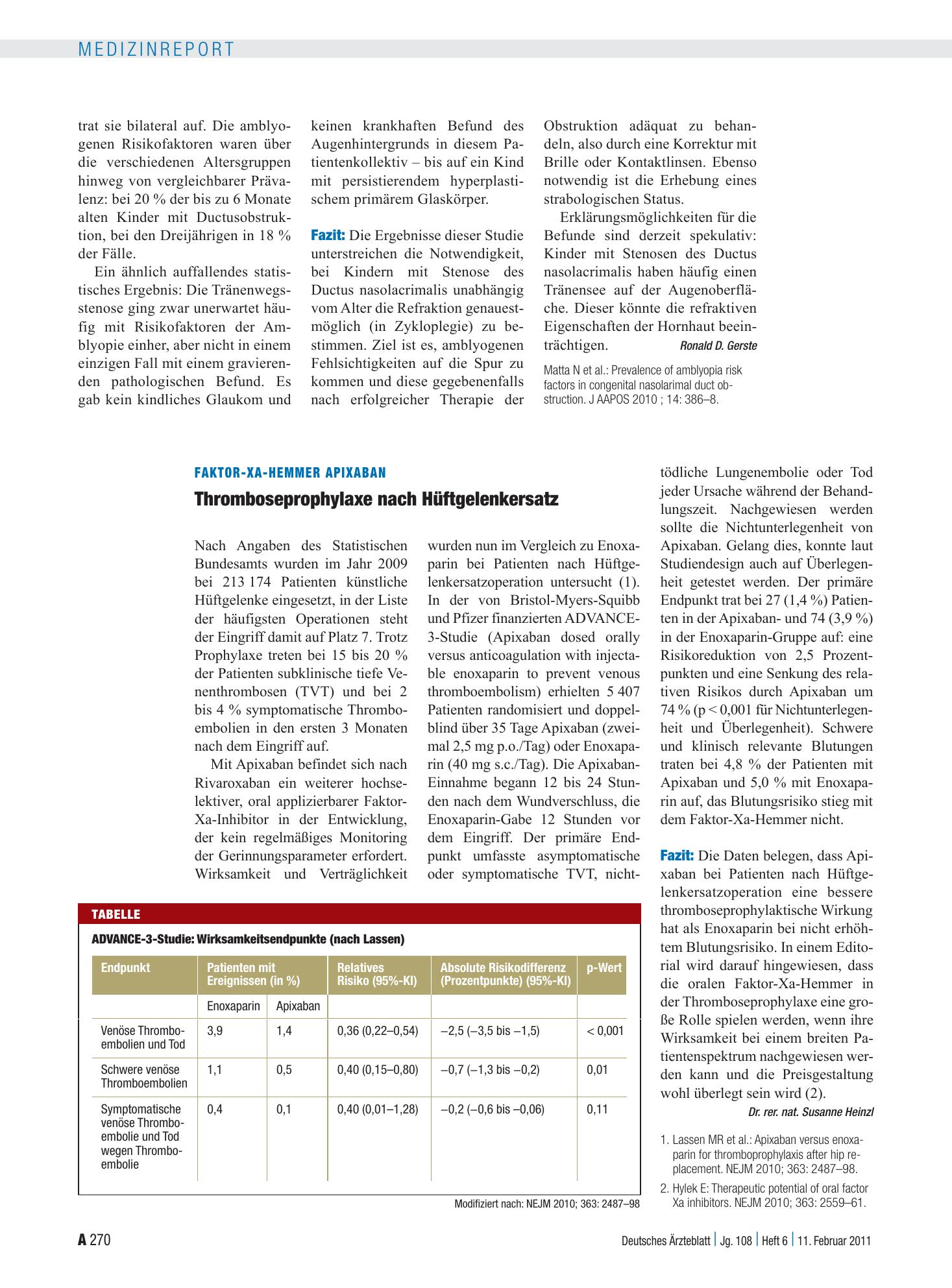 Vorschauseite 1: Faktor-Xa-Hemmer Apixaban: Thromboseprophylaxe nach Hüftgelenkersatz – Deutsches Ärzteblatt