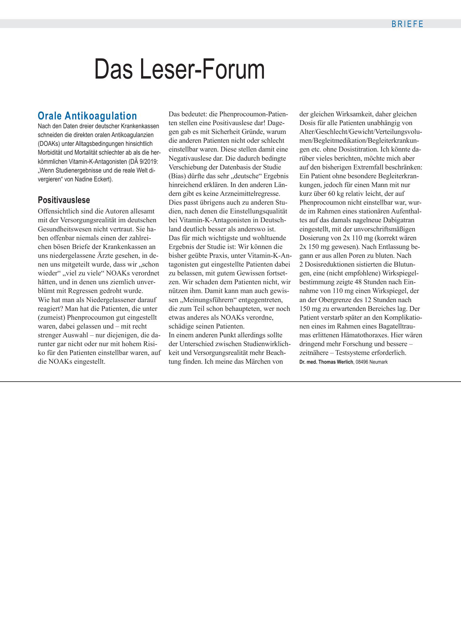 Vorschauseite 1: Orale Antikoagulation: Positivauslese – Deutsches Ärzteblatt