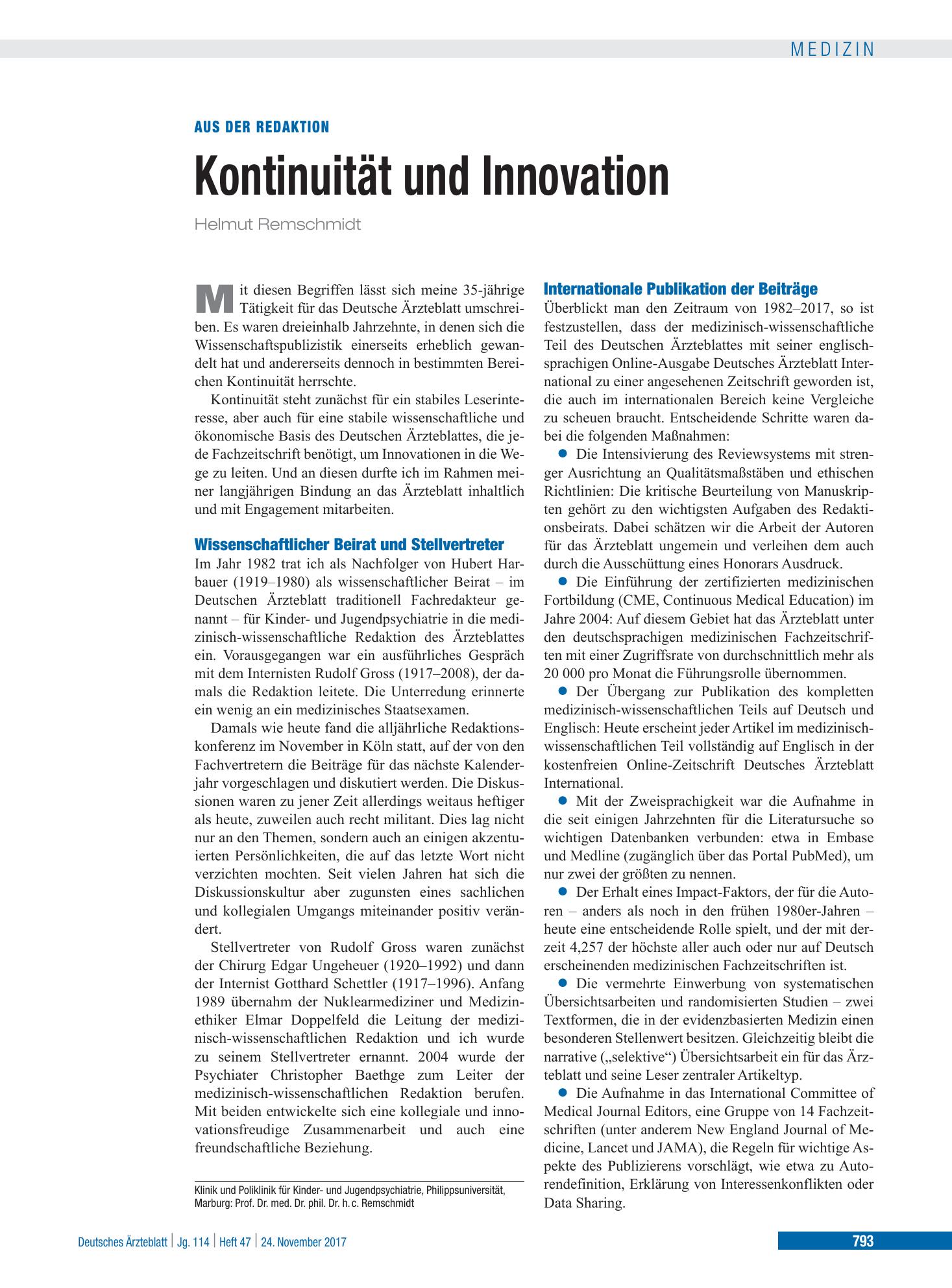 Vorschauseite 1: Kontinuität und Innovation – Deutsches Ärzteblatt
