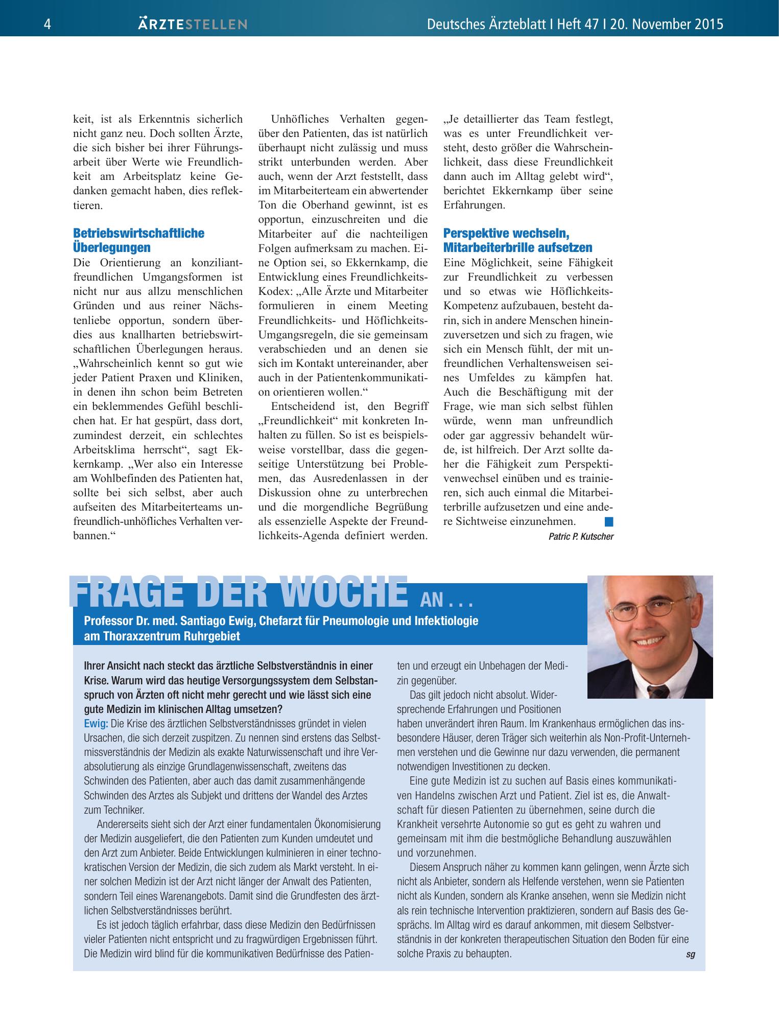 Vorschauseite 1: Frage der Woche an . . . Professor Dr. med. Santiago Ewig, Chefarzt für Pneumologie und Infektiologie am Thoraxzentrum Ruhrgebiet – Deutsches Ärzteblatt