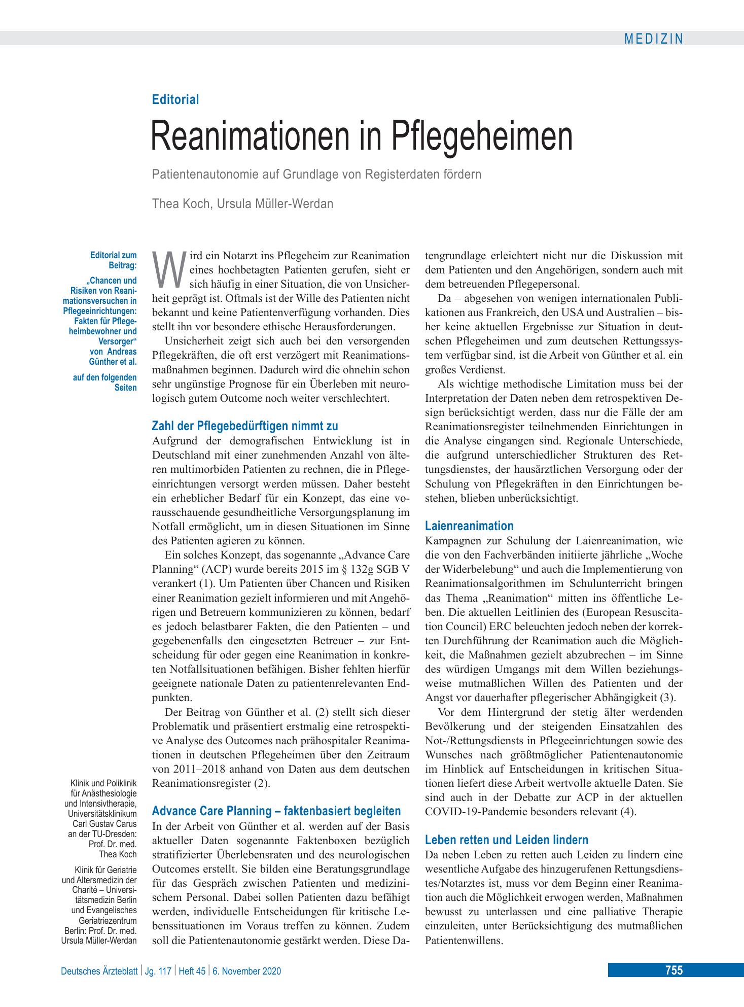 Vorschauseite 1: Reanimationen in Pflegeheimen – Deutsches Ärzteblatt