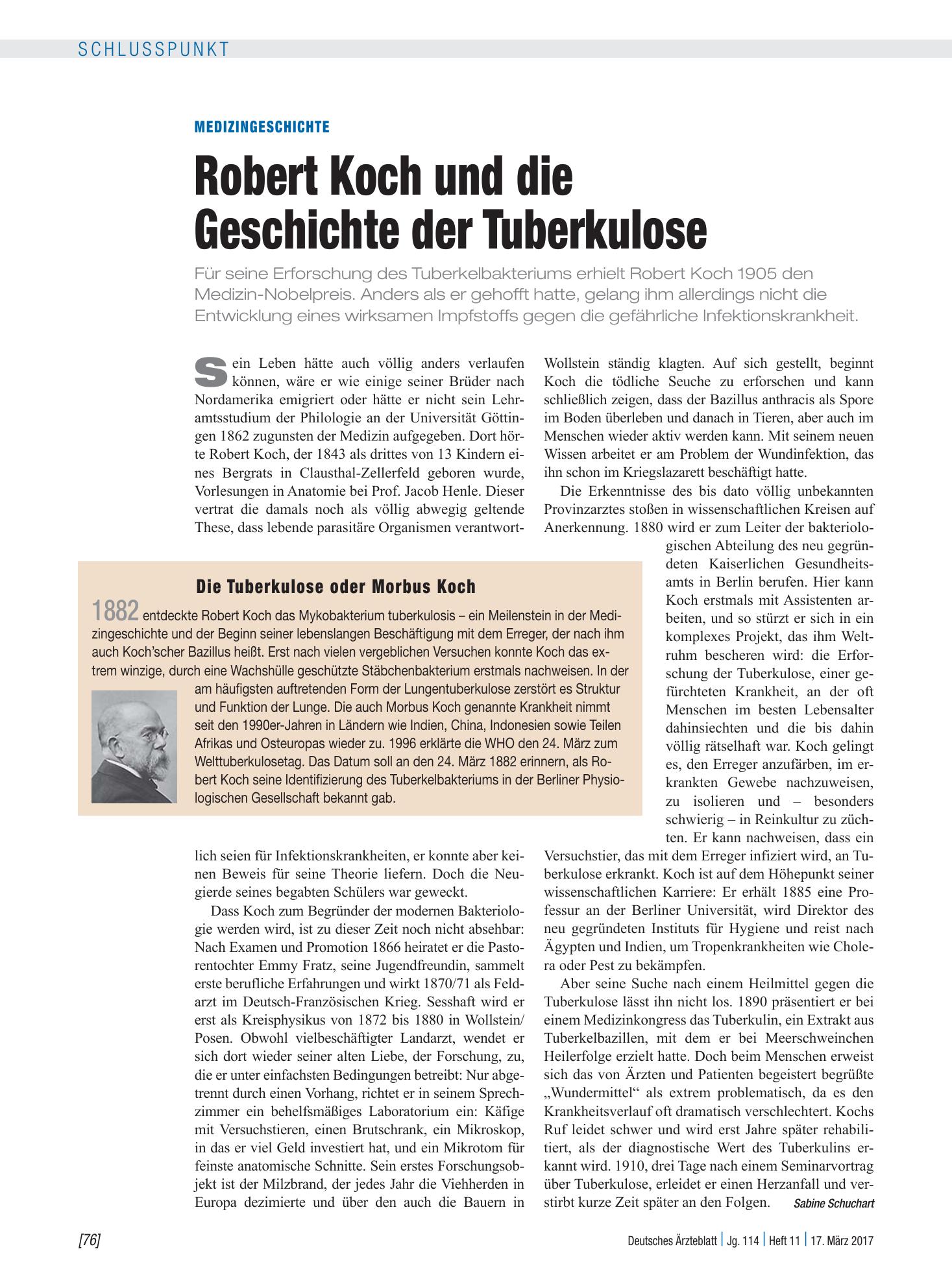 Vorschauseite 1: Medizingeschichte: Robert Koch und die Geschichte der Tuberkulose – Deutsches Ärzteblatt