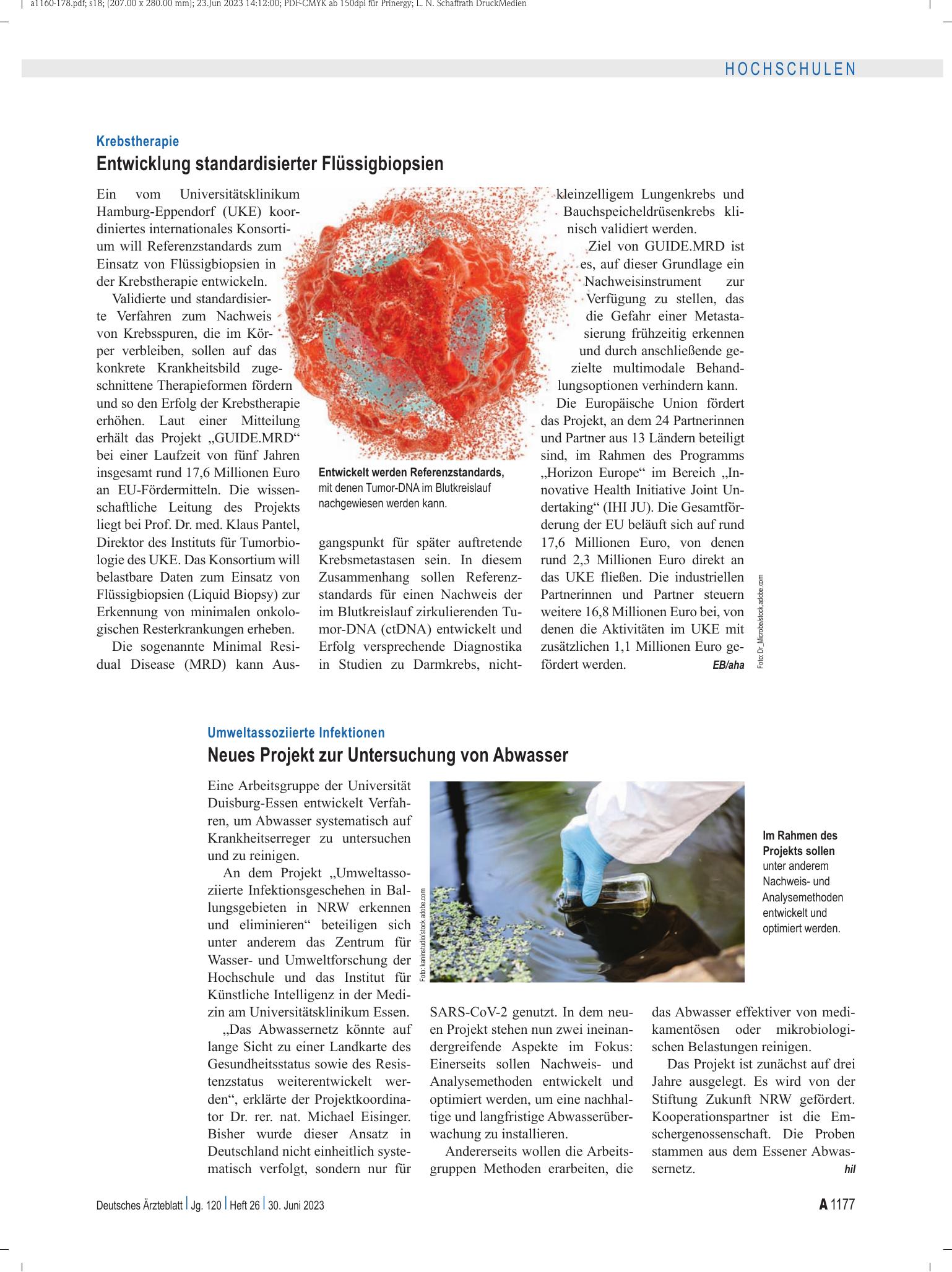 Vorschauseite 1: Umweltassoziierte Infektionen: Neues Projekt zur Untersuchung von Abwasser – Deutsches Ärzteblatt
