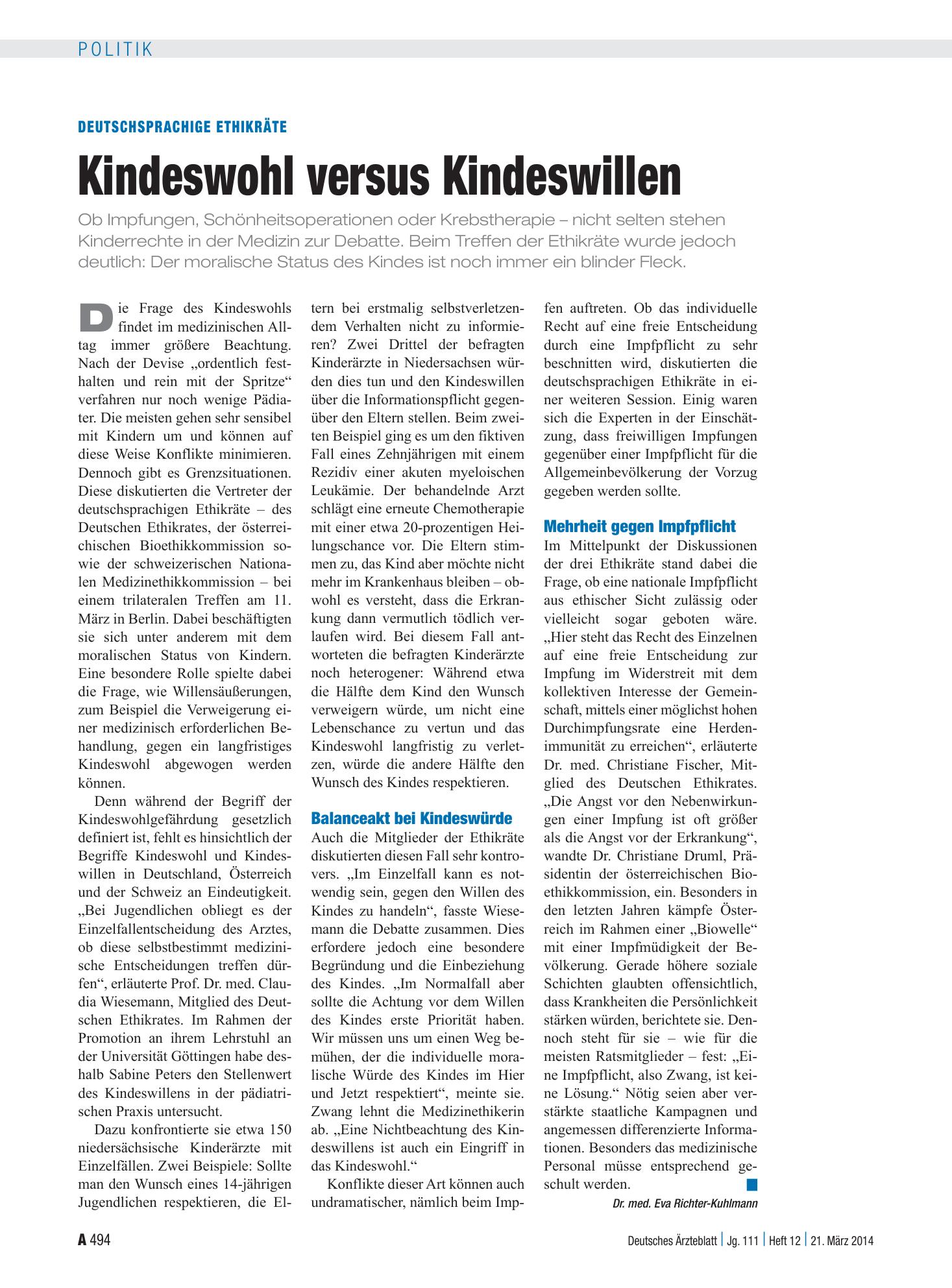 Vorschauseite 1: Deutschsprachige Ethikräte: Kindeswohl versus Kindeswillen – Deutsches Ärzteblatt