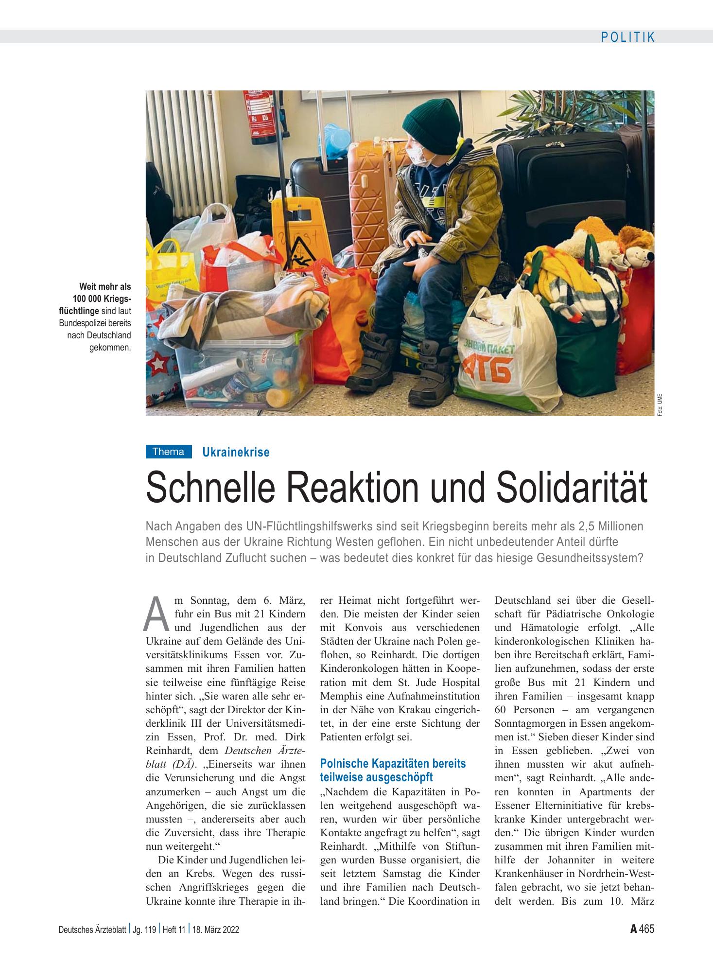 Vorschauseite 1: Ukrainekrise: Schnelle Reaktion und Solidarität – Deutsches Ärzteblatt