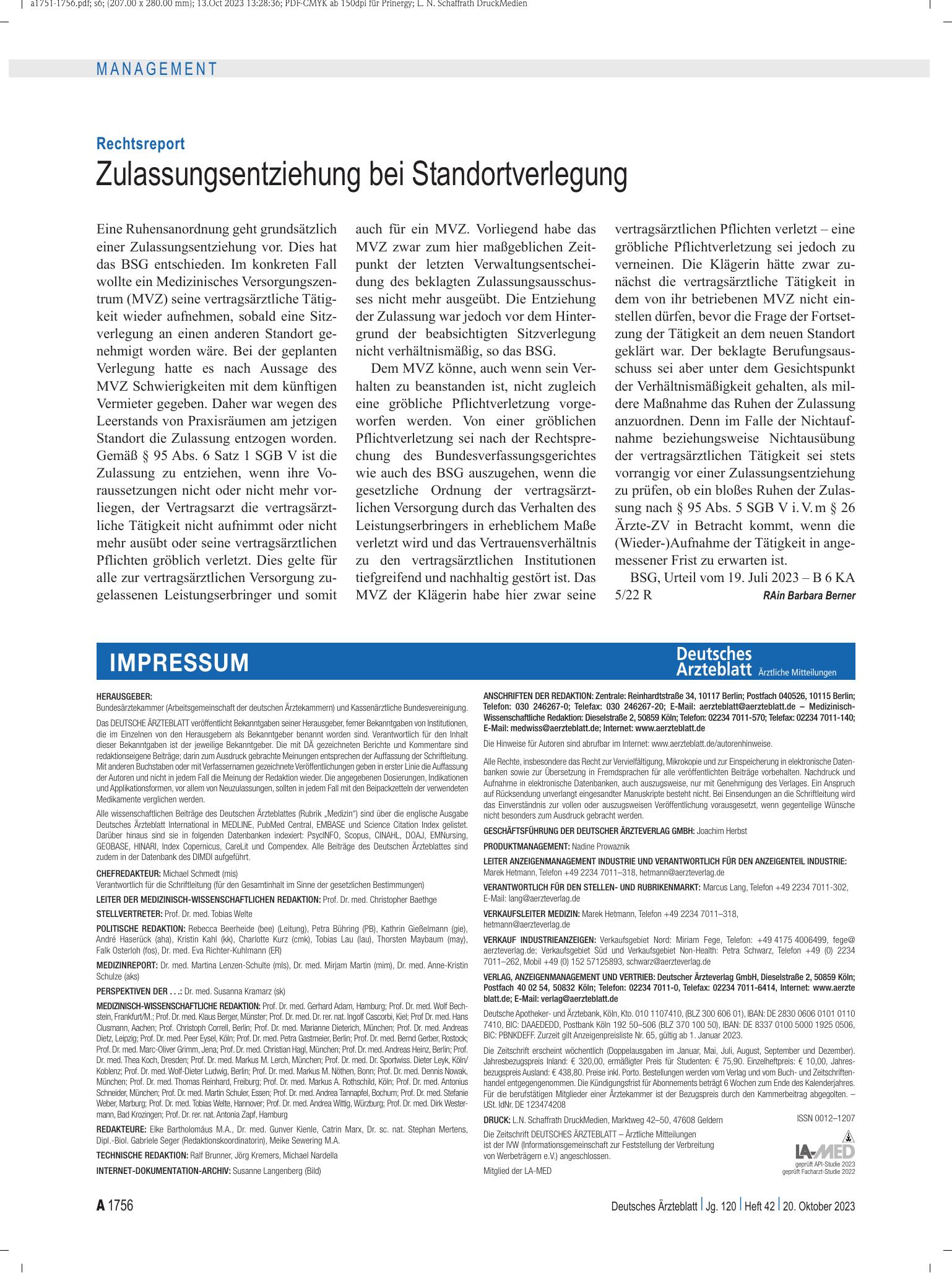 Vorschauseite 1: Rechtsreport: Zulassungsentziehung bei Standortverlegung – Deutsches Ärzteblatt