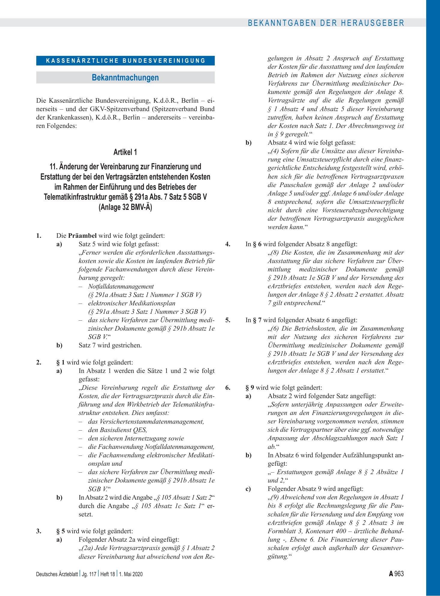 Vorschauseite 1: 11. Änderung der Vereinbarung zur Finanzierung und Erstattung der bei den Vertragsärzten entstehenden Kosten im Rahmen der Einführung und des Betriebes der Telematikinfrastruktur…