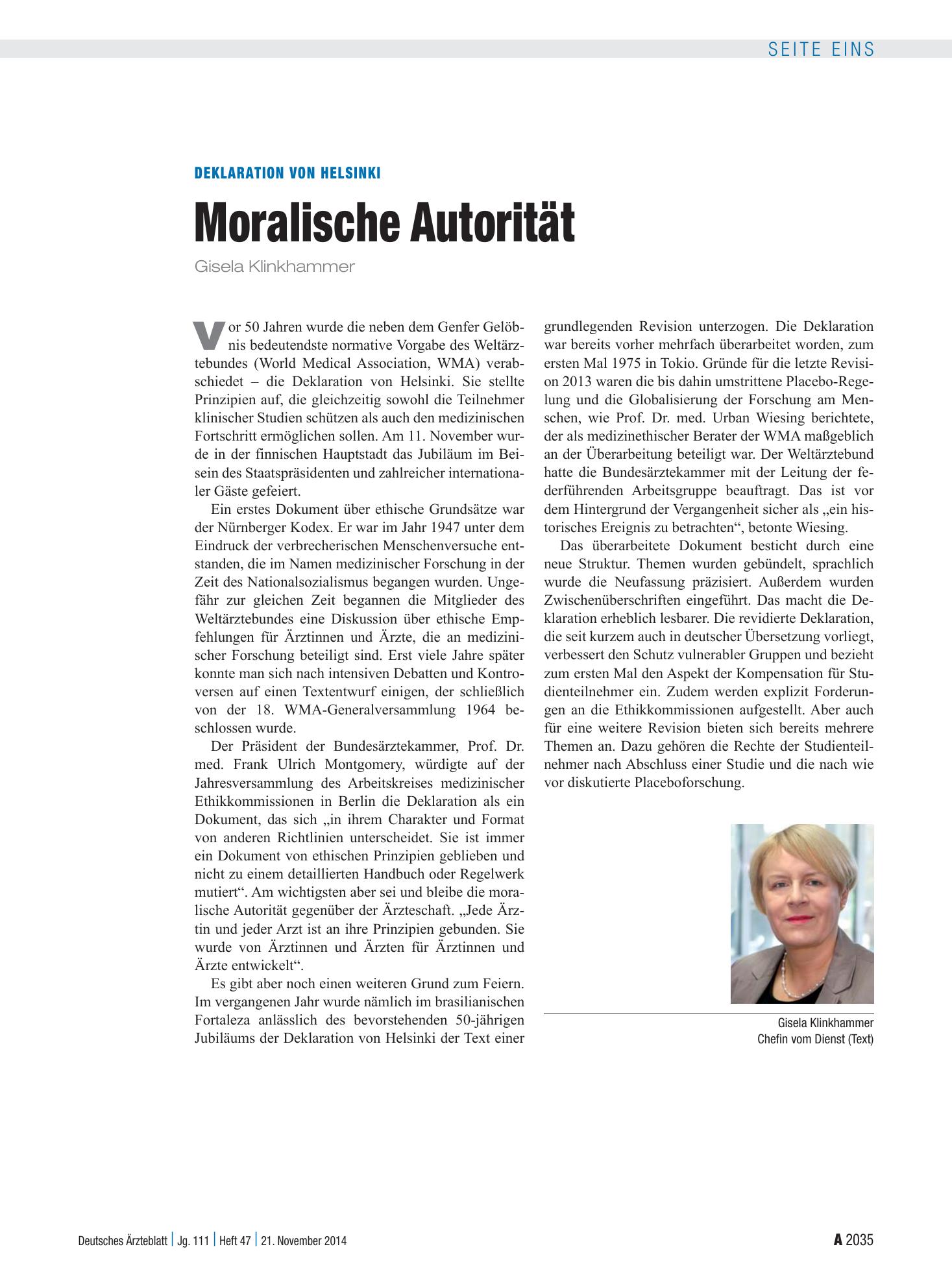 Vorschauseite 1: Deklaration von Helsinki: Moralische Autorität – Deutsches Ärzteblatt