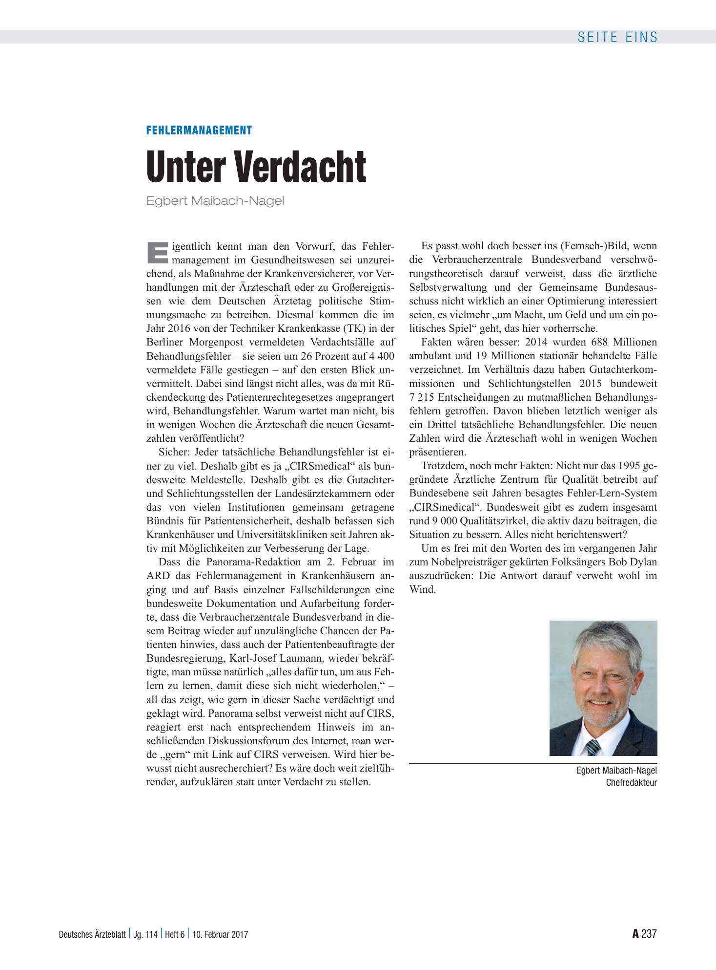 Vorschauseite 1: Fehlermanagement: Unter Verdacht – Deutsches Ärzteblatt