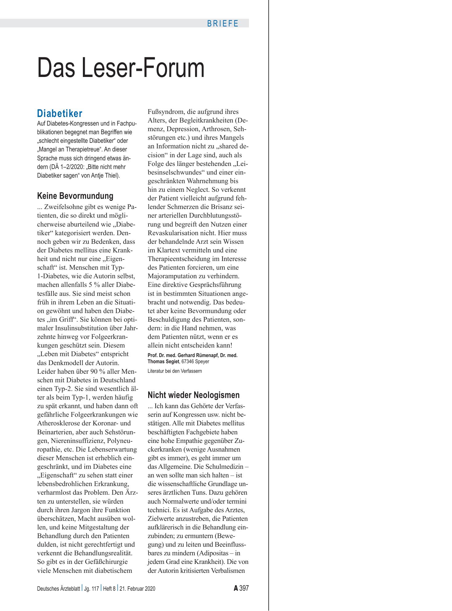 Vorschauseite 1: Diabetiker: Nicht wieder Neologismen – Deutsches Ärzteblatt