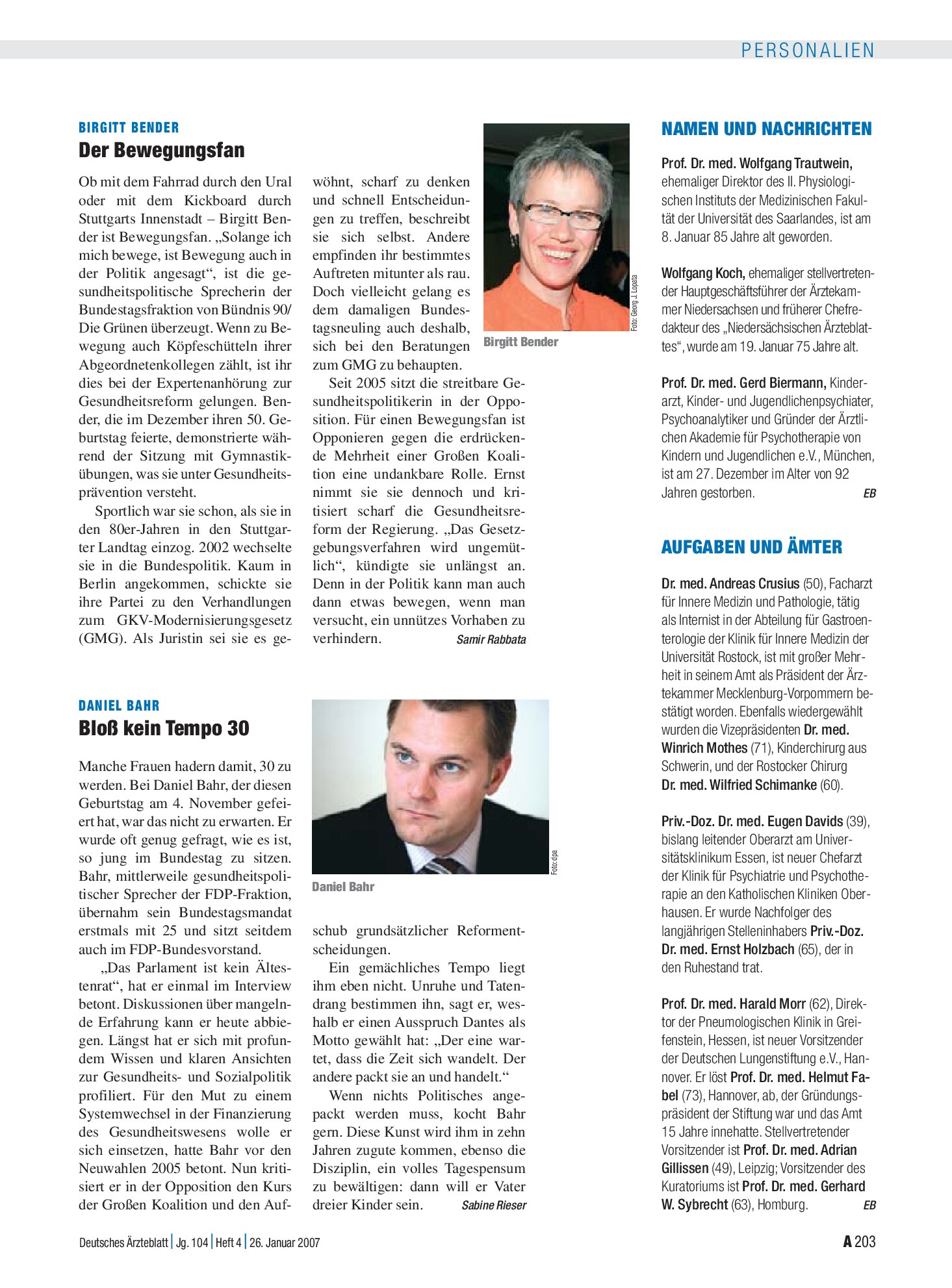 Vorschauseite 1: Namen und Nachrichten – Deutsches Ärzteblatt