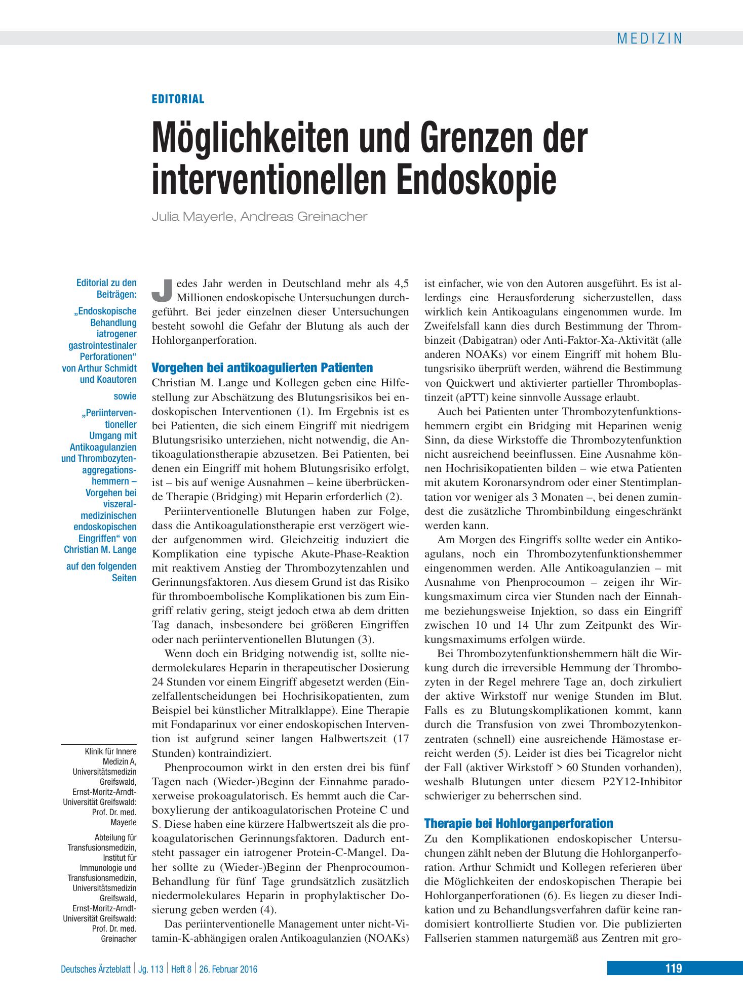 Vorschauseite 1: Möglichkeiten und Grenzen der interventionellen Endoskopie – Deutsches Ärzteblatt
