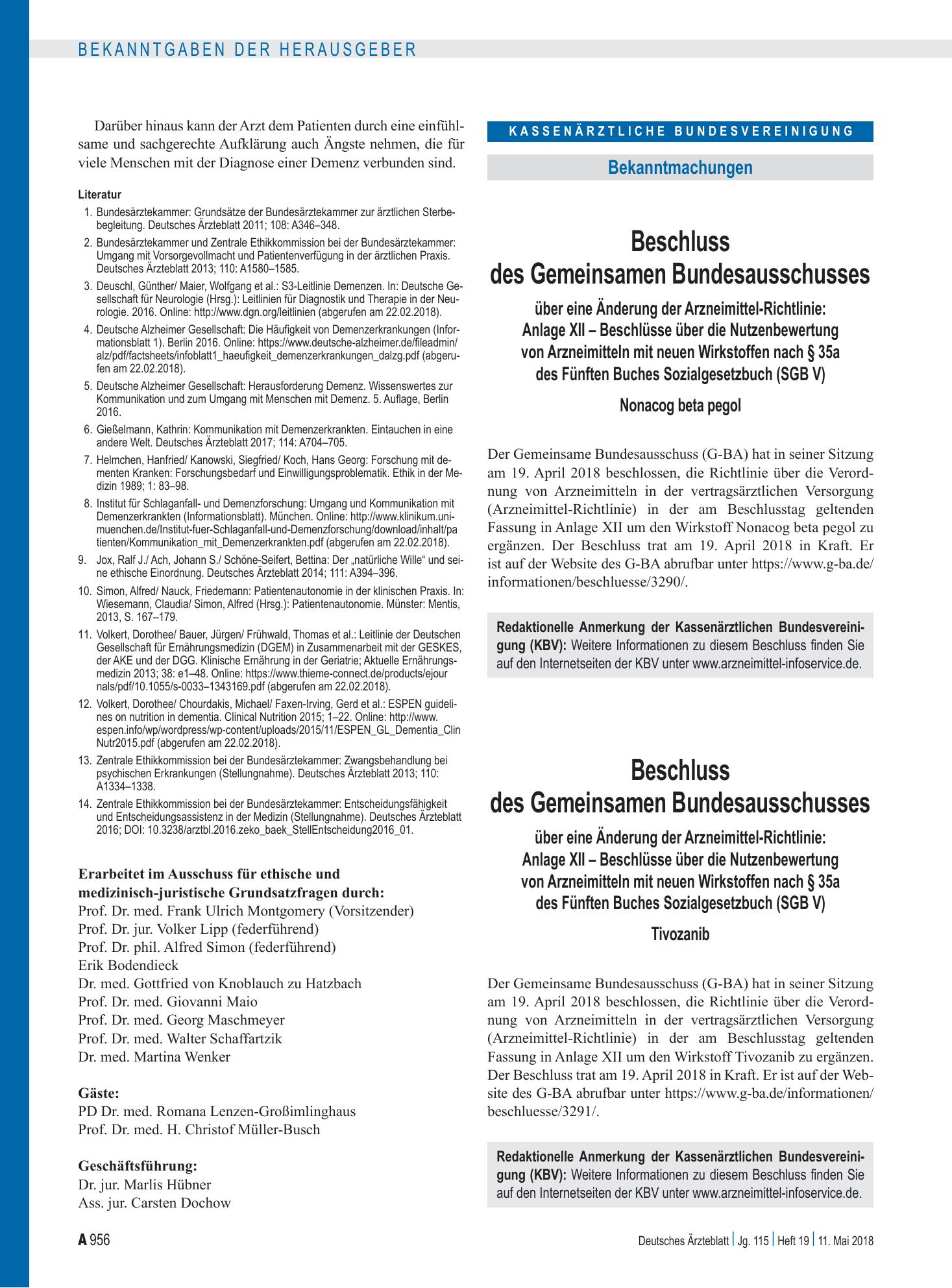 Vorschauseite 1: Beschluss des Gemeinsamen Bundesausschusses über eine Änderung der Arzneimittel-Richtlinie: Anlage XII – Nonacog beta pegol – Deutsches Ärzteblatt