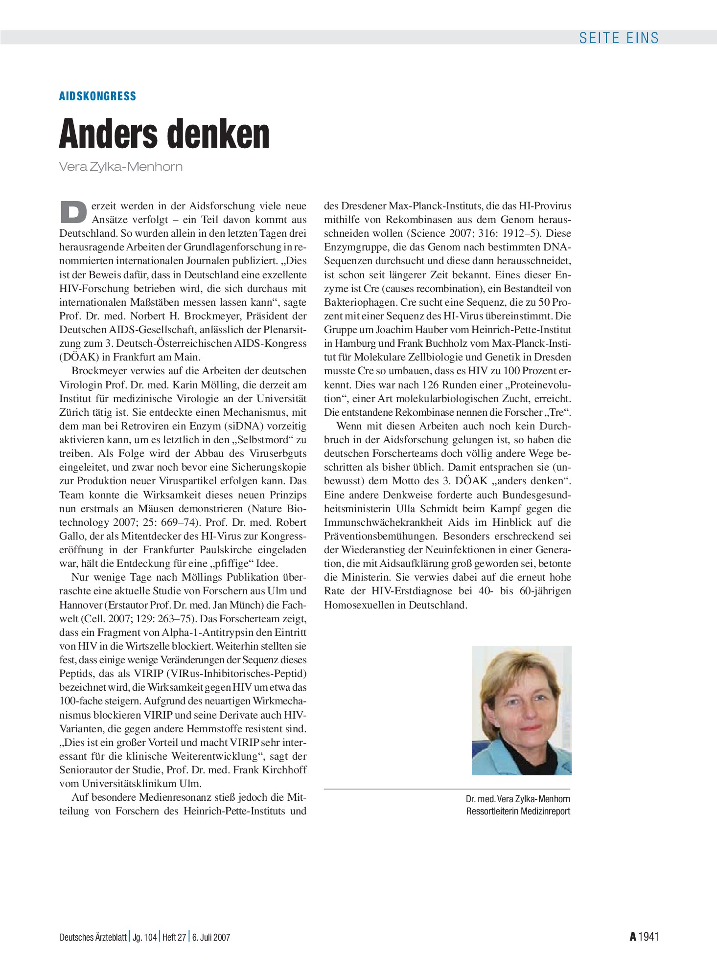 Vorschauseite 1: Aidskongress: Anders denken – Deutsches Ärzteblatt