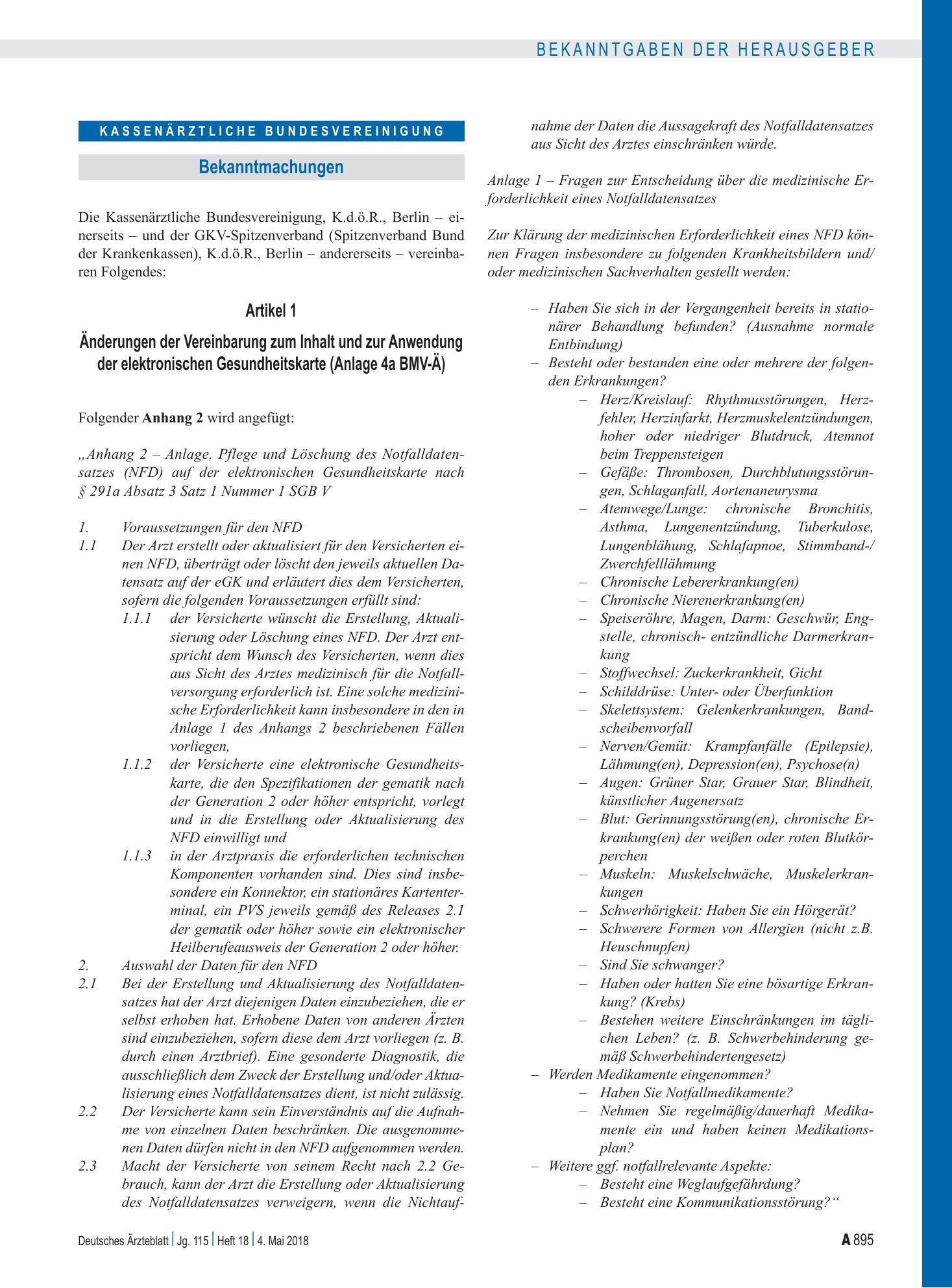 Vorschauseite 1: Artikel 1, Änderungen der Vereinbarung zum Inhalt und zur Anwendung der elektronischen Gesundheitskarte (Anlage 4a BMV-Ä), Artikel 2, Inkrafttreten – Deutsches Ärzteblatt