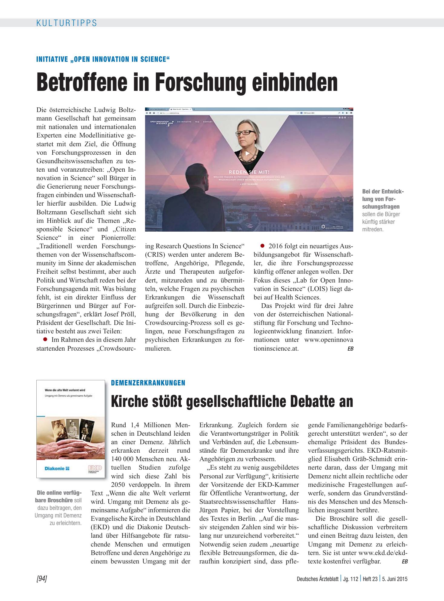 Vorschauseite 1: Initiative „Open Innovation in Science“: Betroffene in Forschung einbinden – Deutsches Ärzteblatt