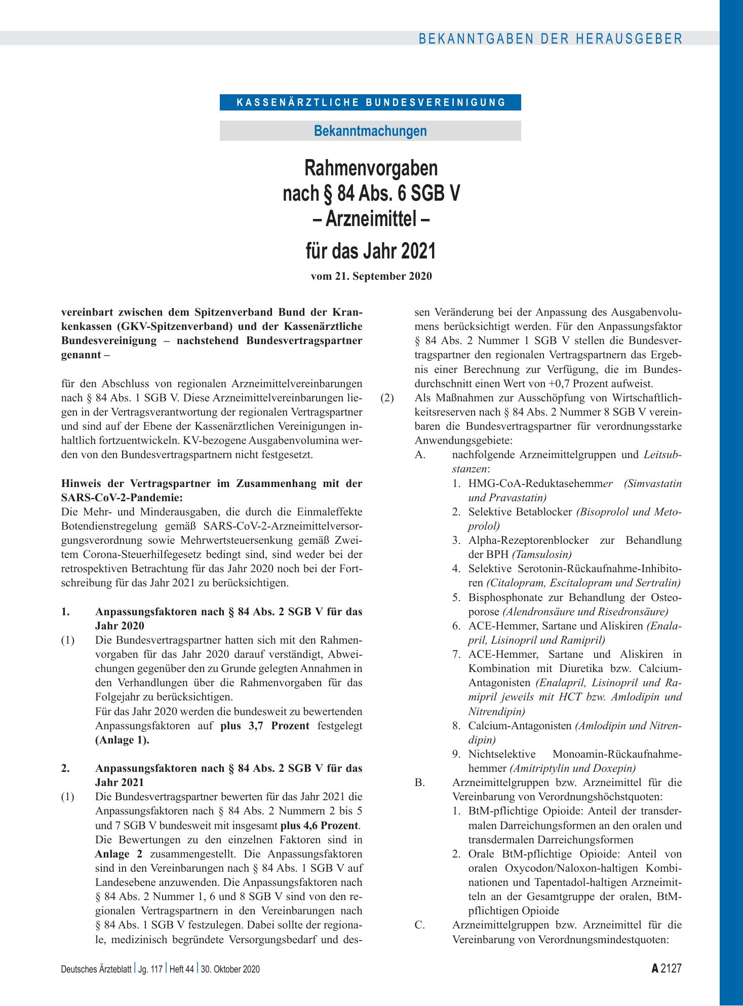 Vorschauseite 1: Rahmenvorgaben nach § 84 Abs. 6 SGB V – Arzneimittel – für das Jahr 2021 – Deutsches Ärzteblatt