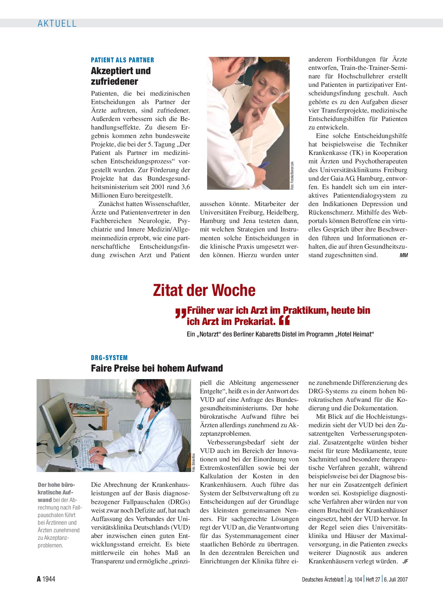 Vorschauseite 1: Patient als Partner: Akzeptiert und zufriedener – Deutsches Ärzteblatt