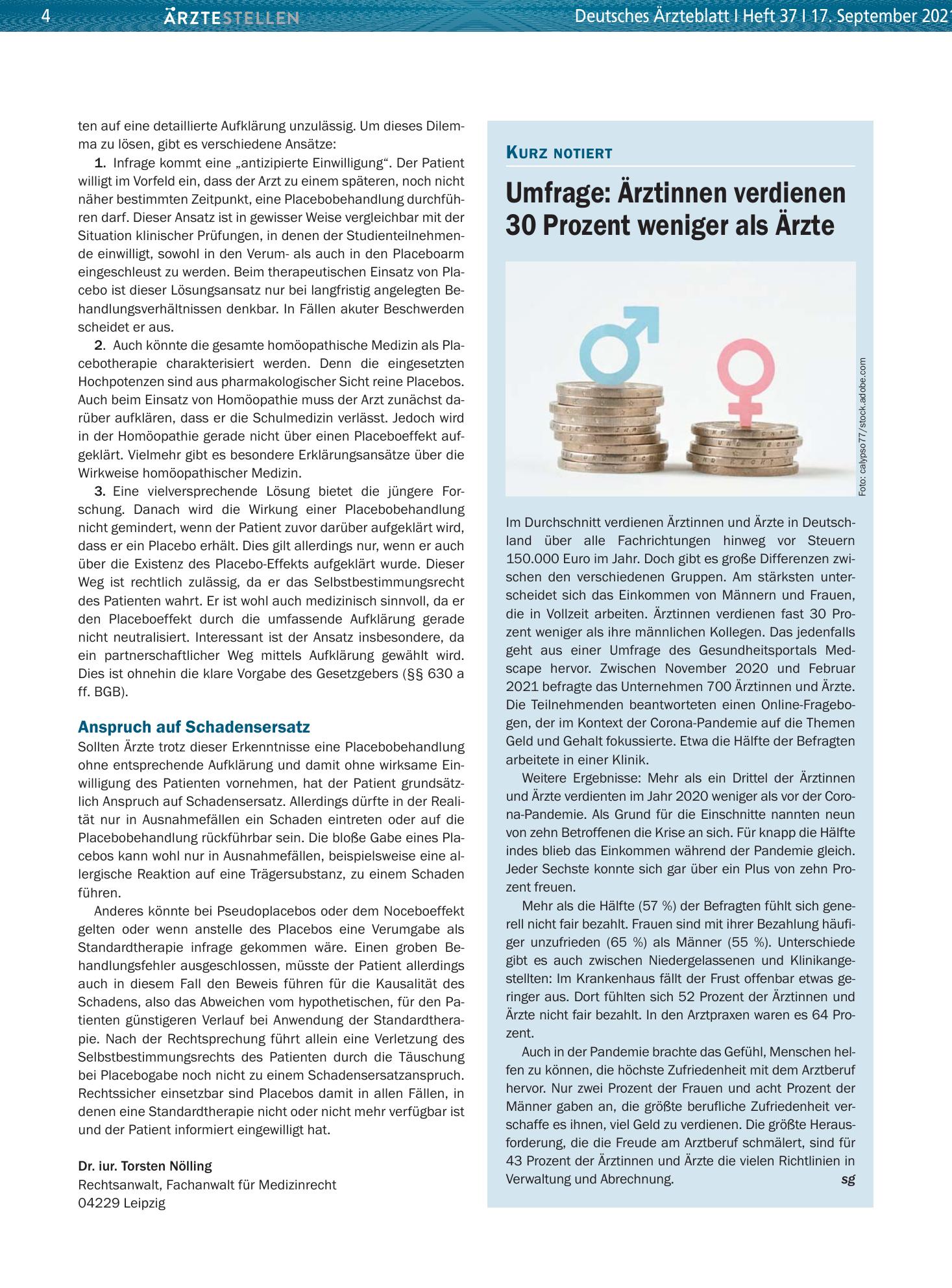 Vorschauseite 1: Umfrage: Ärztinnen verdienen 30 Prozent weniger als Ärzte – Deutsches Ärzteblatt