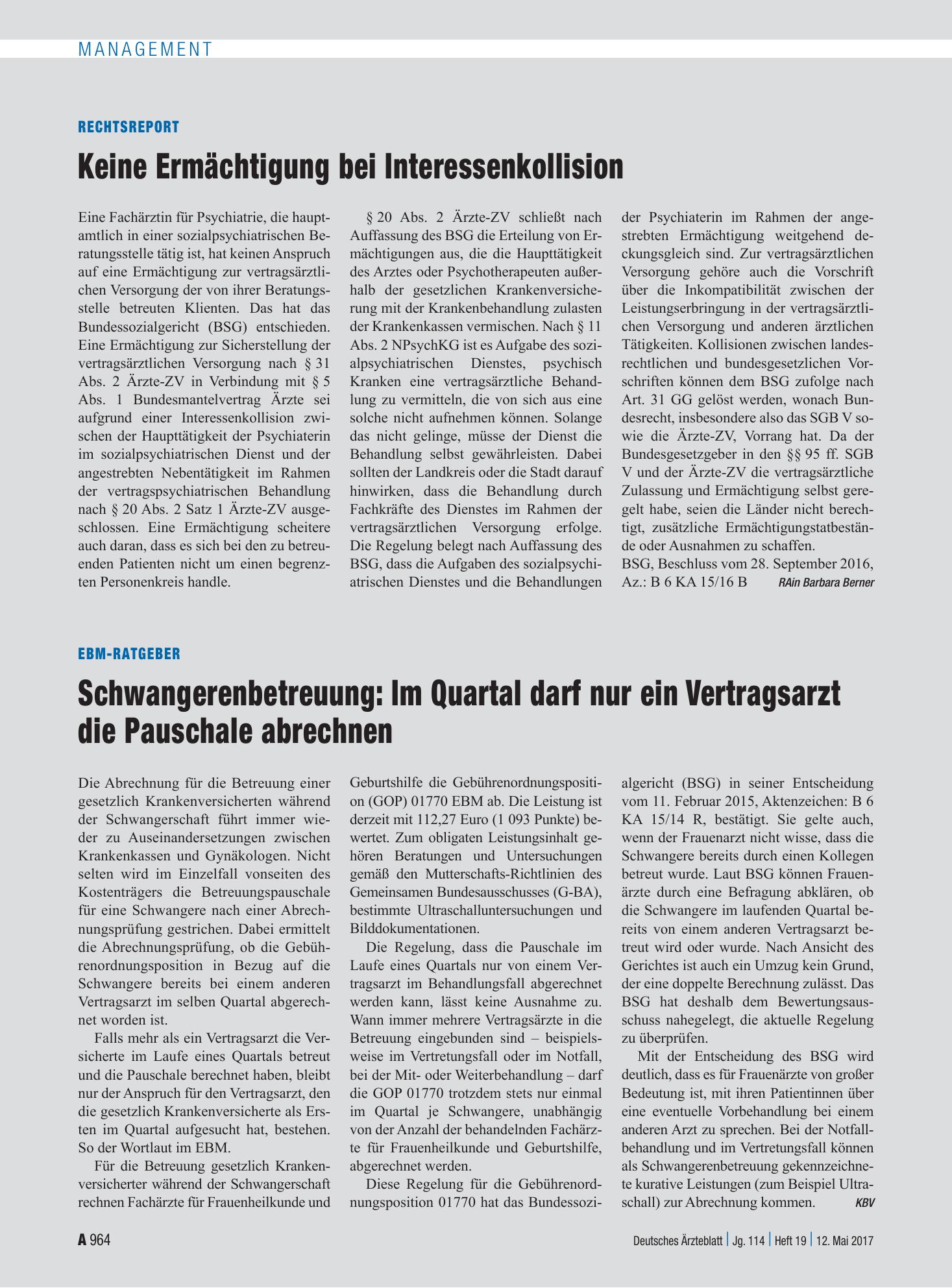 Vorschauseite 1: Rechtsreport: Keine Ermächtigung bei Interessenkollision – Deutsches Ärzteblatt