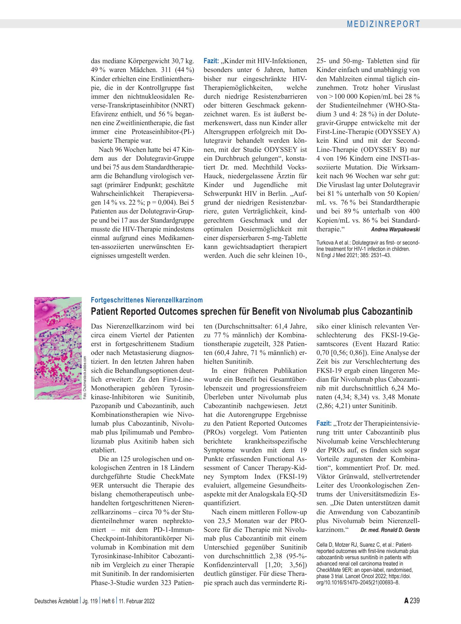Vorschauseite 1: Fortgeschrittenes Nierenzellkarzinom: Patient Reported Outcomes sprechen für Benefit von Nivolumab plus Cabozantinib – Deutsches Ärzteblatt
