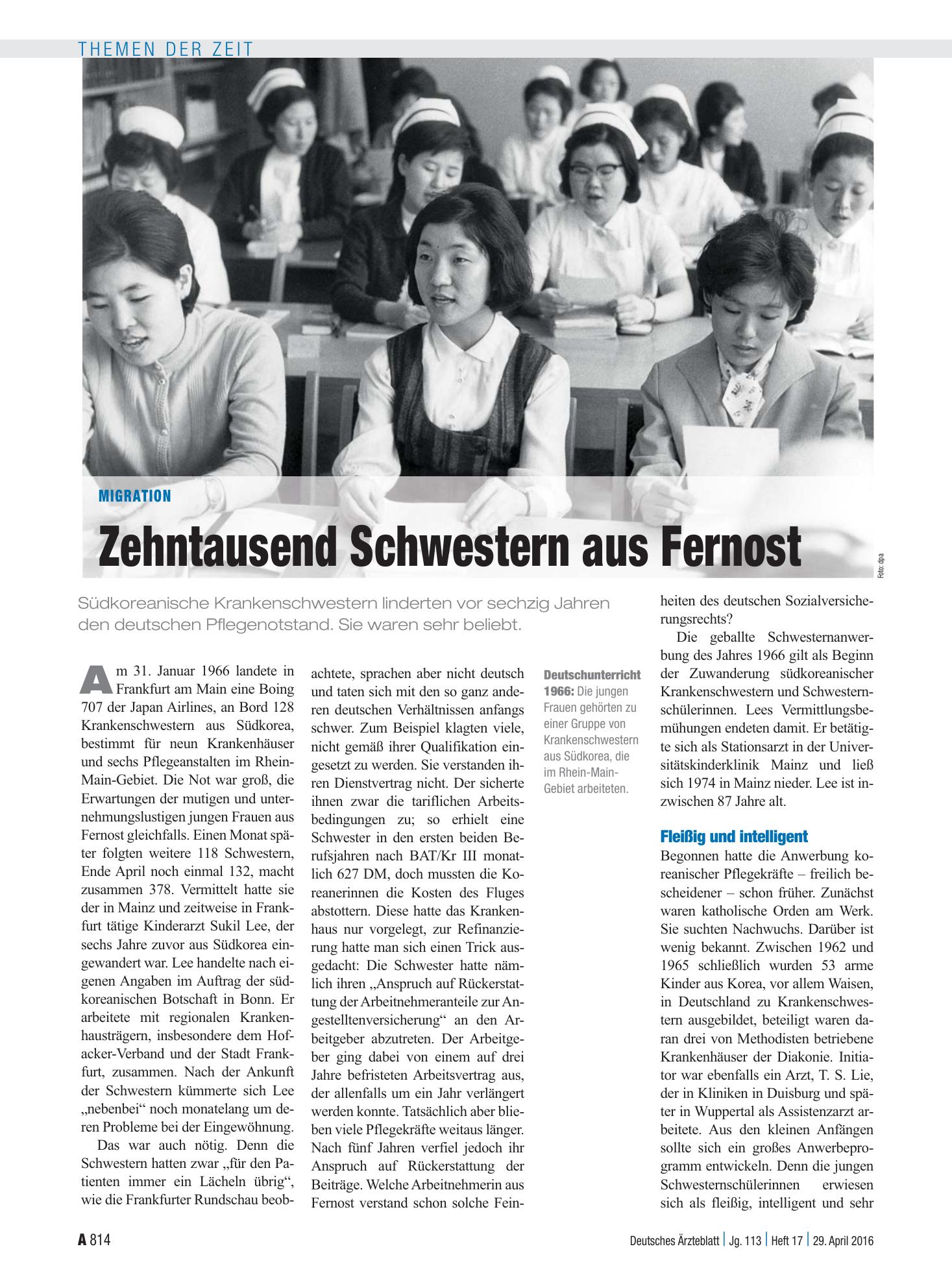 Vorschauseite 1: Migration: Zehntausend Schwestern aus Fernost – Deutsches Ärzteblatt
