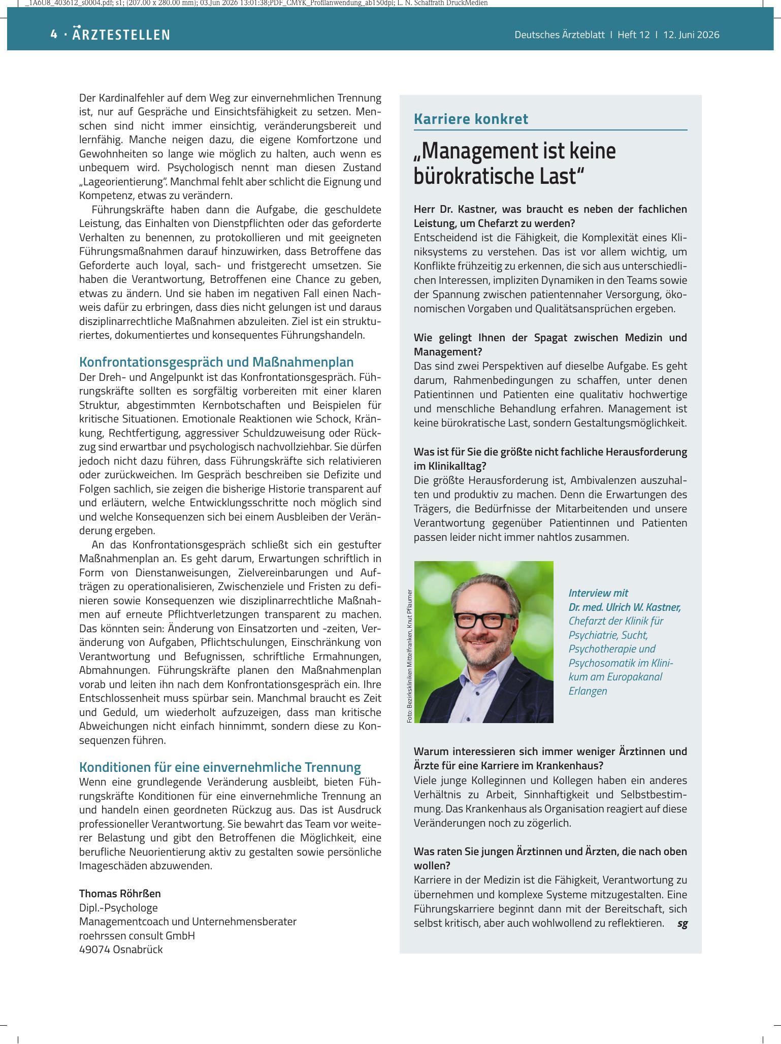 Vorschauseite 1: Karriere konkret: „Management ist keine bürokratische Last“ – Deutsches Ärzteblatt