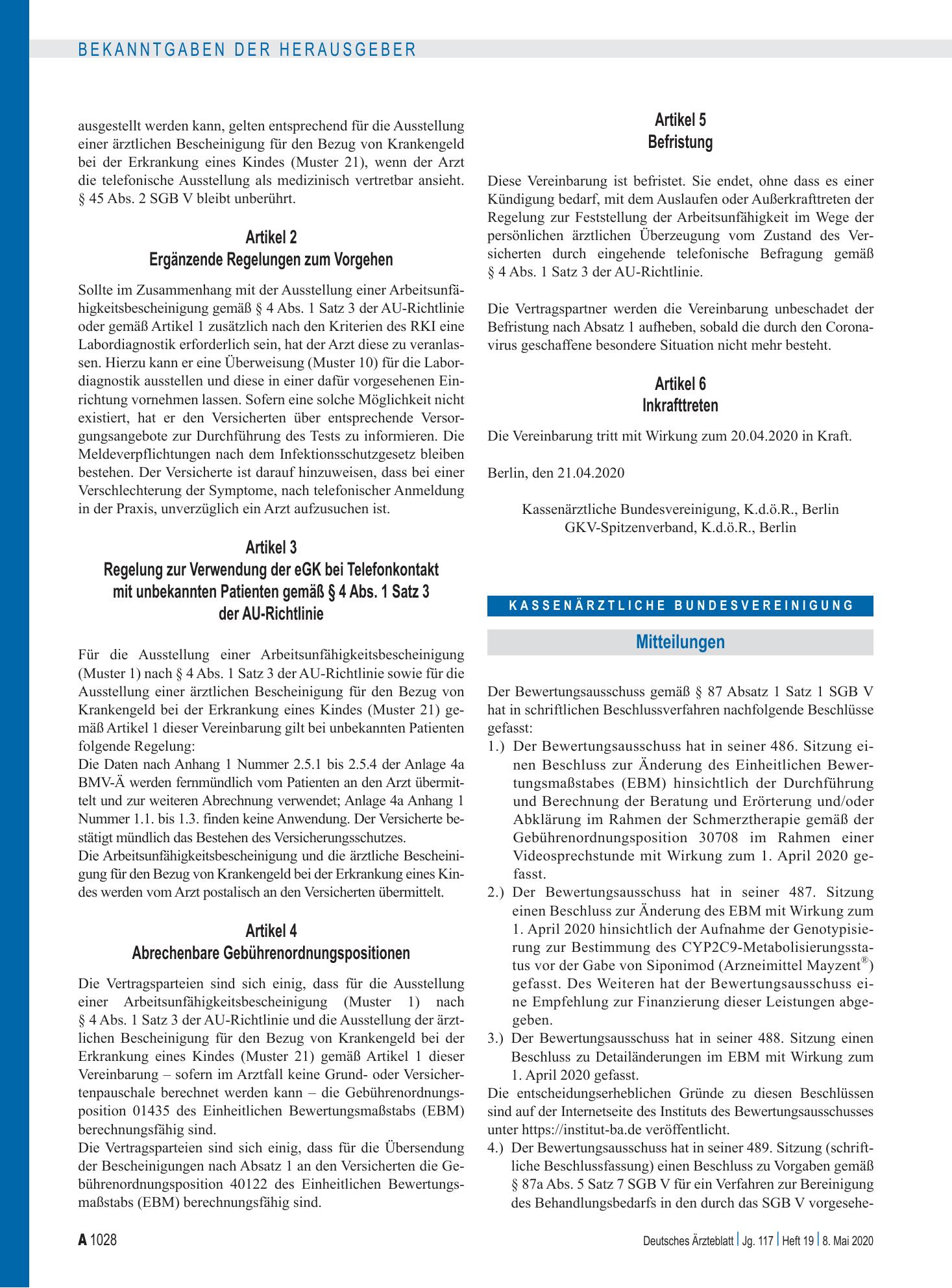 Vorschauseite 1: Beschluss des Bewertungsausschusses nach § 87 Abs. 1 Satz 1 SGB V: TEIL A zur Änderung des Einheitlichen Bewertungsmaßstabes (EBM), TEIL B zu Empfehlungen gemäß § 87a Abs. 5 Satz…