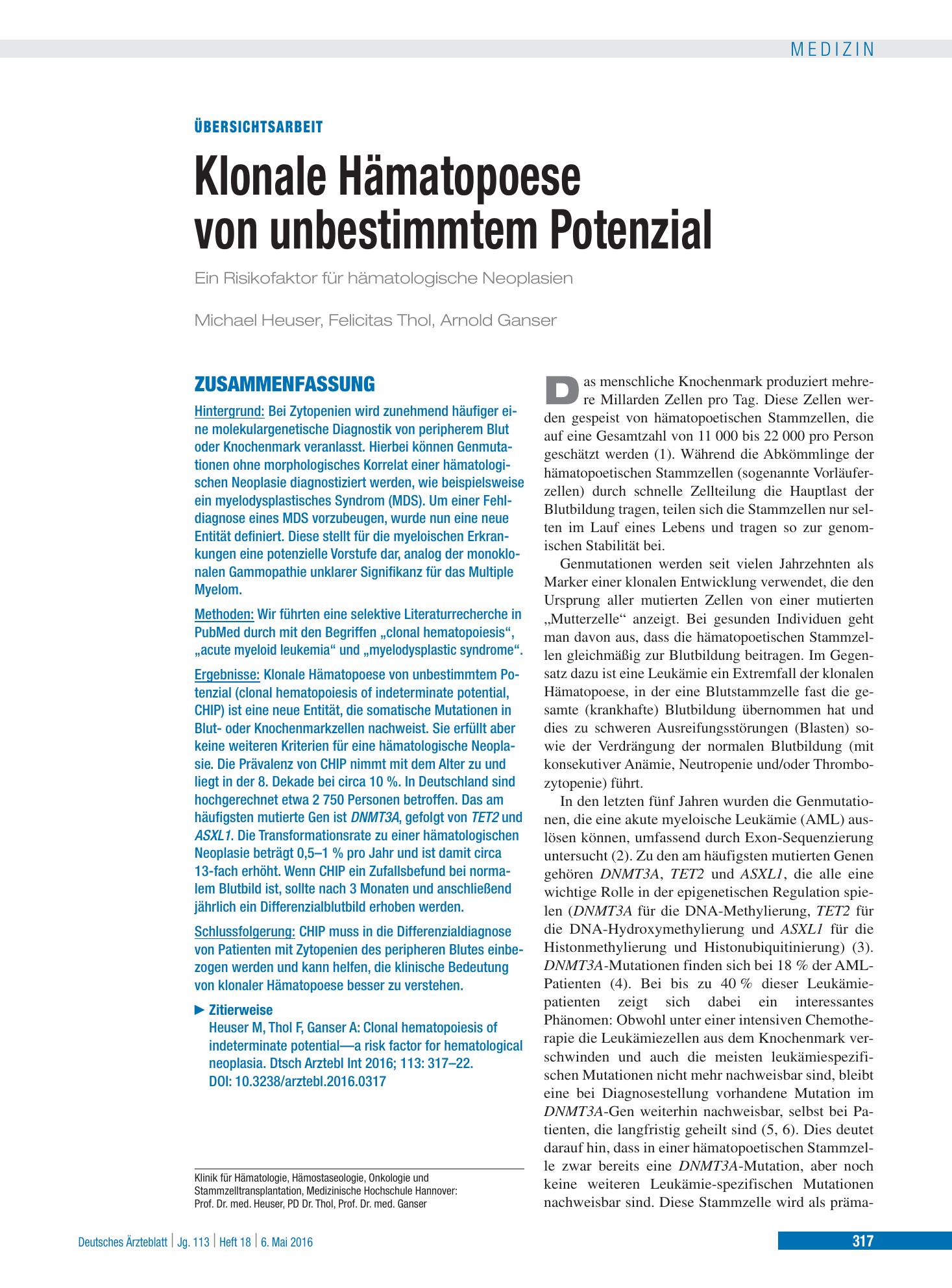 Vorschauseite 1: Klonale Hämatopoese von unbestimmtem Potenzial – Deutsches Ärzteblatt