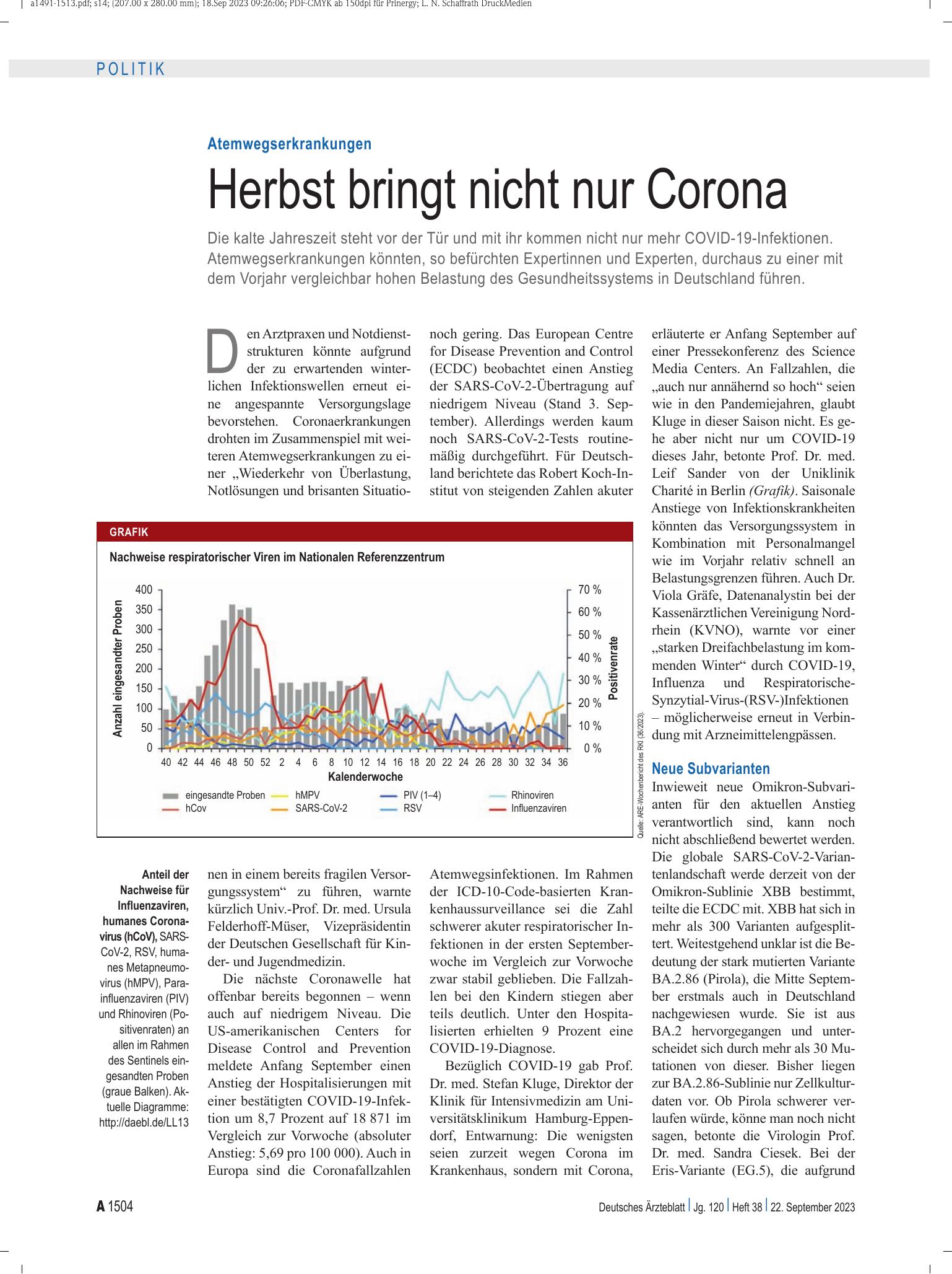 Vorschauseite 1: Atemwegserkrankungen: Herbst bringt nicht nur Corona – Deutsches Ärzteblatt