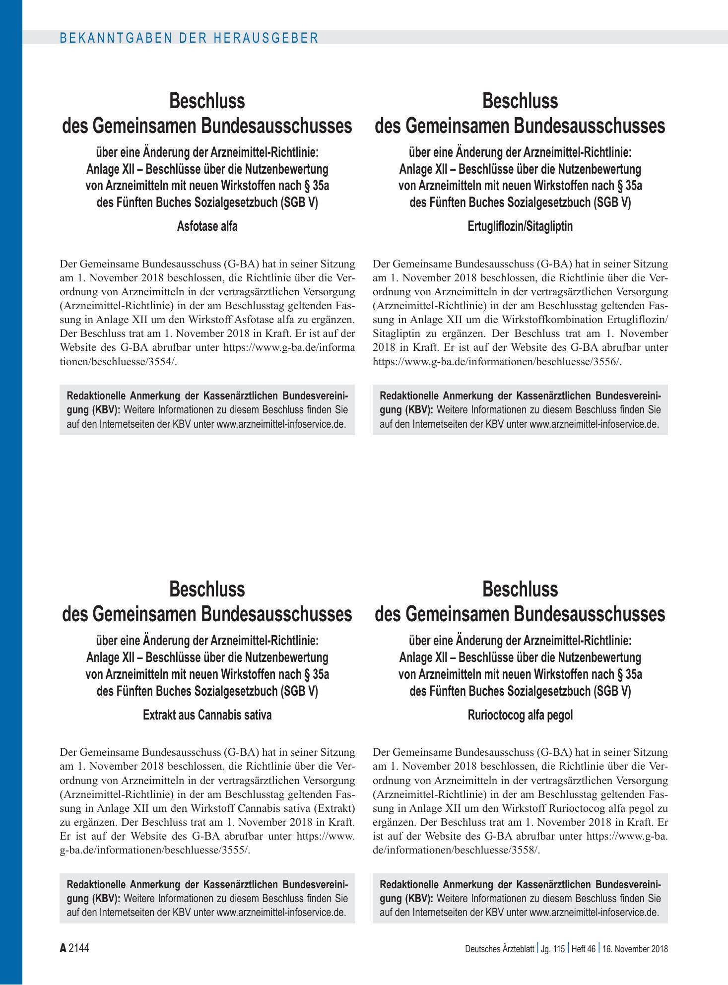 Vorschauseite 1: Beschluss des Gemeinsamen Bundesausschusses über eine Änderung der Arzneimittel-Richtlinie: Anlage XII – Extrakt aus Cannabis sativa – Deutsches Ärzteblatt