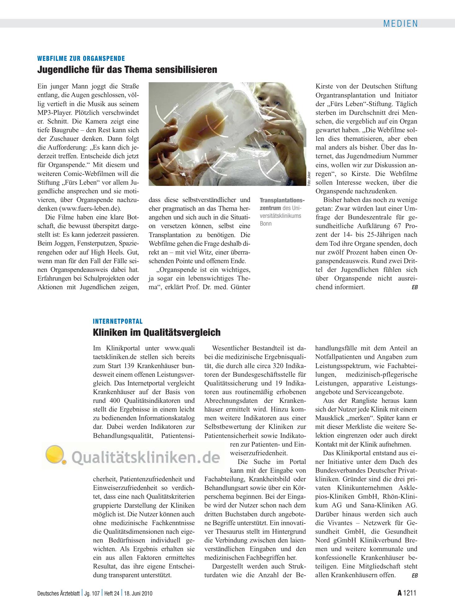 Vorschauseite 1: Internetportal: Kliniken im Qualitätsvergleich – Deutsches Ärzteblatt